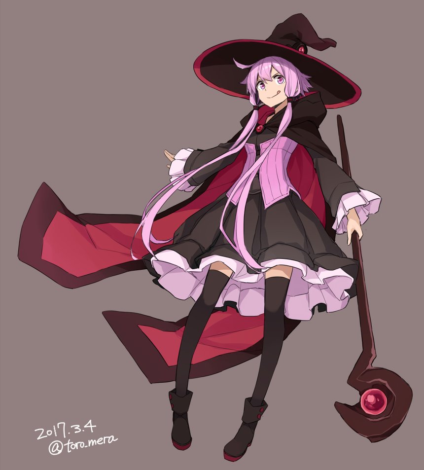 1girl :q ahoge alternate_costume black_dress black_thighhighs boots brown_background cloak commentary_request dated dress frilled_dress frilled_sleeves frills full_body hat holding holding_staff hood hood_down hooded_cloak layered_dress long_hair looking_at_viewer pink_corset pink_hair short_hair_with_long_locks simple_background solo staff thigh-highs tongue tongue_out toromera twintails twitter_username v-shaped_eyebrows very_long_hair vocaloid voiceroid wide_sleeves witch witch_hat yuzuki_yukari