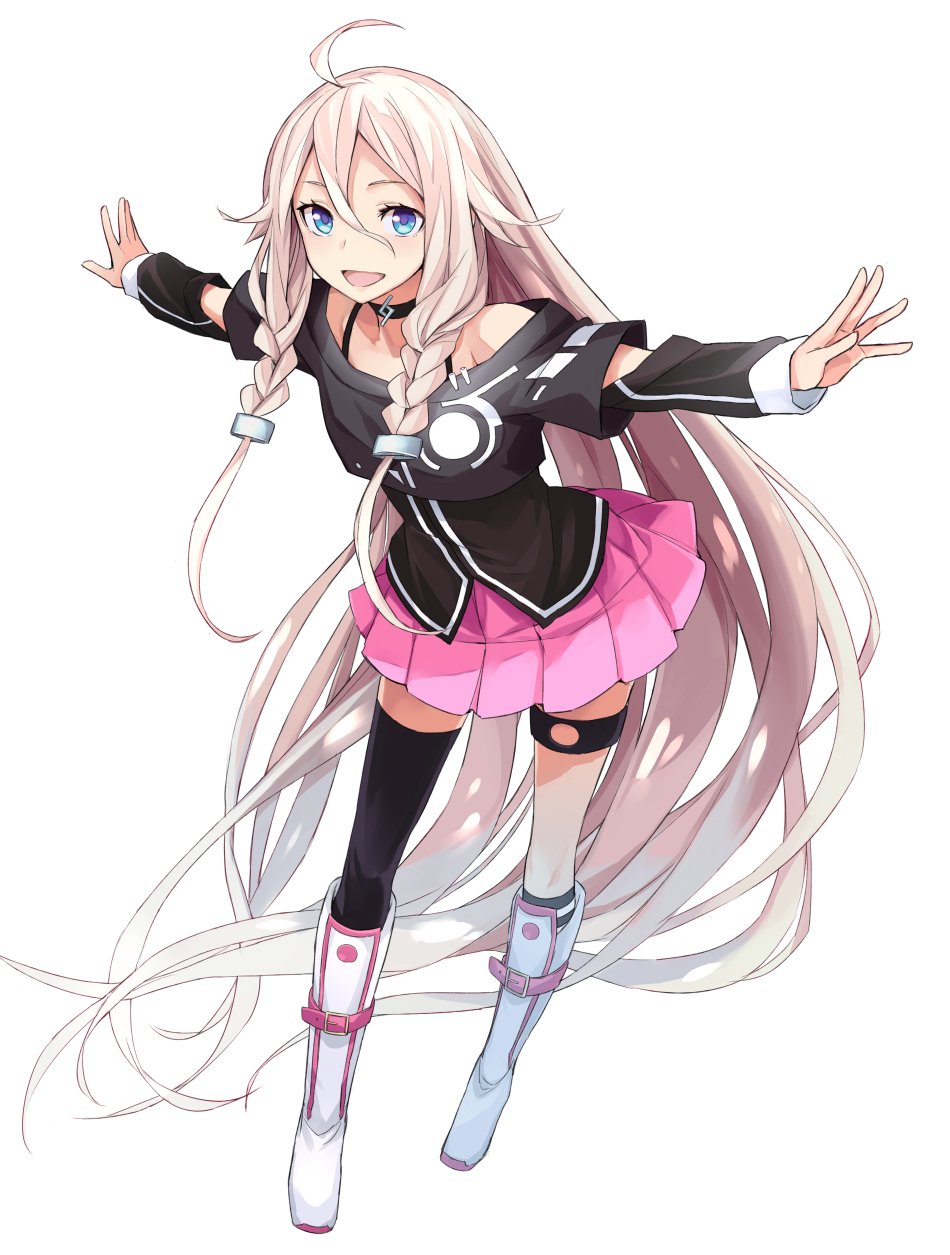 1girl absurdly_long_hair ahoge asymmetrical_legwear black_camisole black_choker black_shirt black_thighhighs blue_eyes braid camisole choker commentary_request crop_top full_body hair_between_eyes highres ia_(vocaloid) kneehighs leaning_forward long_hair long_sleeves looking_at_viewer off-shoulder_shirt off_shoulder open_mouth outstretched_arms pink_skirt pleated_skirt shirt simple_background single_kneehigh single_sock single_thighhigh skirt smile socks solo spread_arms standing striped striped_socks thigh-highs thigh_strap toromera twin_braids very_long_hair vocaloid white_background white_hair