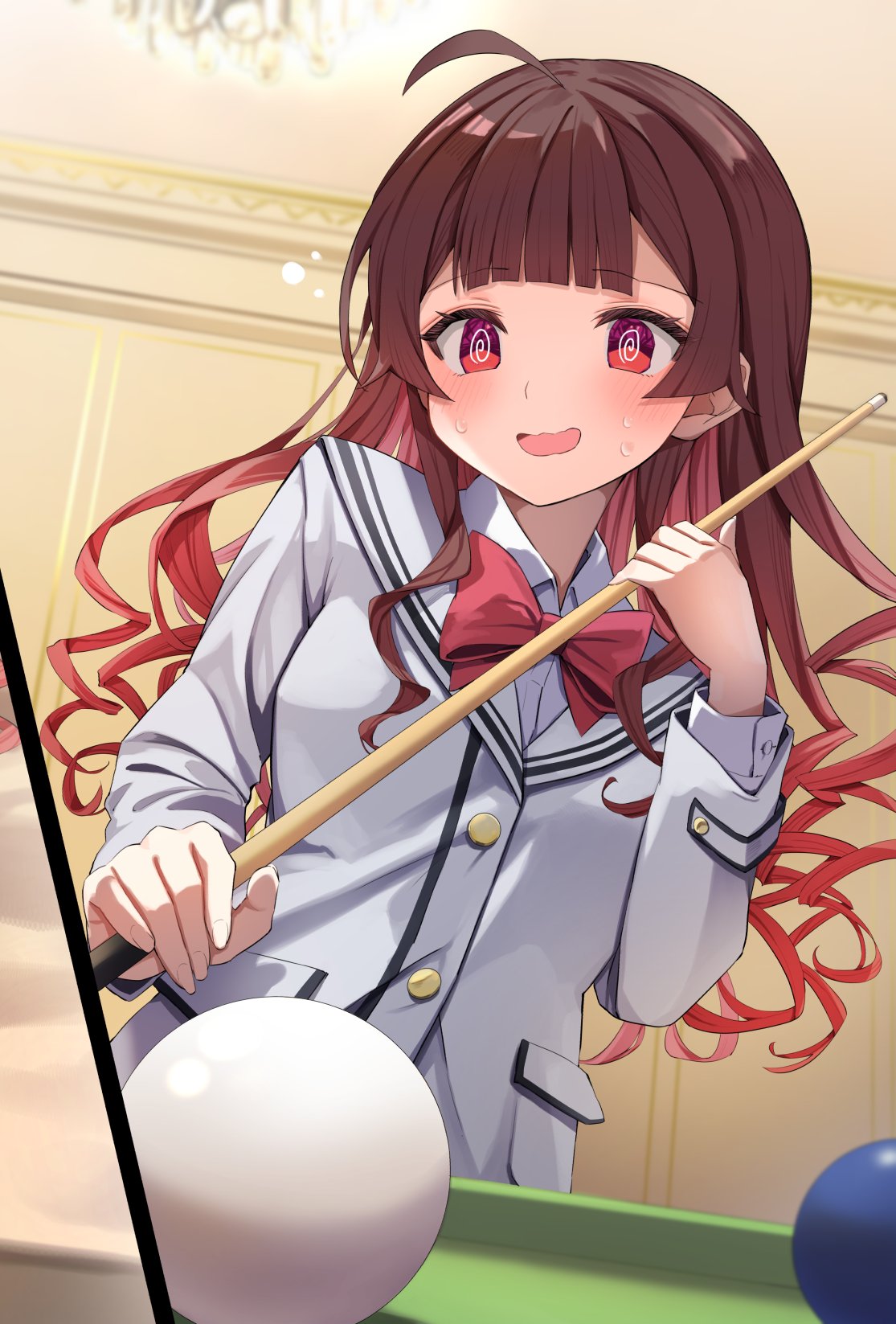 1girl @_@ ahoge ball billiard_ball billiards blush bow bowtie brown_hair collared_shirt commentary_request cue_stick drill_hair grey_jacket highres holding holding_cue_stick indoors jacket long_hair long_sleeves looking_at_viewer open_mouth original red_bow red_bowtie red_eyes shirt solo summer_tail720 sweatdrop white_shirt