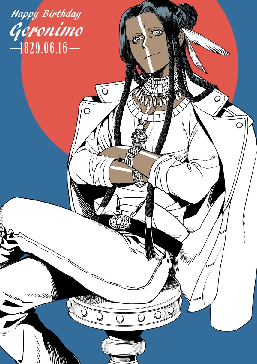 alternate_costume belt black_hair blue_background bodypaint bracelet braid character_name cowboy_shot dark_skin facepaint fate/grand_order fate_(series) feather_hair_ornament feathers formal geronimo_(fate) hair_ornament highres jacket jacket_on_shoulders jewelry long_hair looking_at_viewer multiple_braids native_american necklace red_background shirt shogayuzukosho sitting sleeves_rolled_up smile solo two-tone_background white_shirt