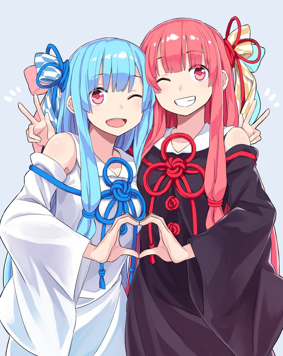 2girls arm_around_shoulder blue_hair blue_ribbon collared_dress commentary cowboy_shot detached_sleeves dress english_commentary flower_knot grey_background grin hair_ribbon heart heart_hands heart_hands_duo highres kotonoha_akane kotonoha_aoi long_hair looking_at_viewer low_tied_sidelocks multiple_girls notice_lines one_eye_closed open_mouth pink_hair red_eyes red_ribbon ribbon siblings side-by-side sidelocks simple_background sisters sleeveless sleeveless_dress smile toromera voiceroid w