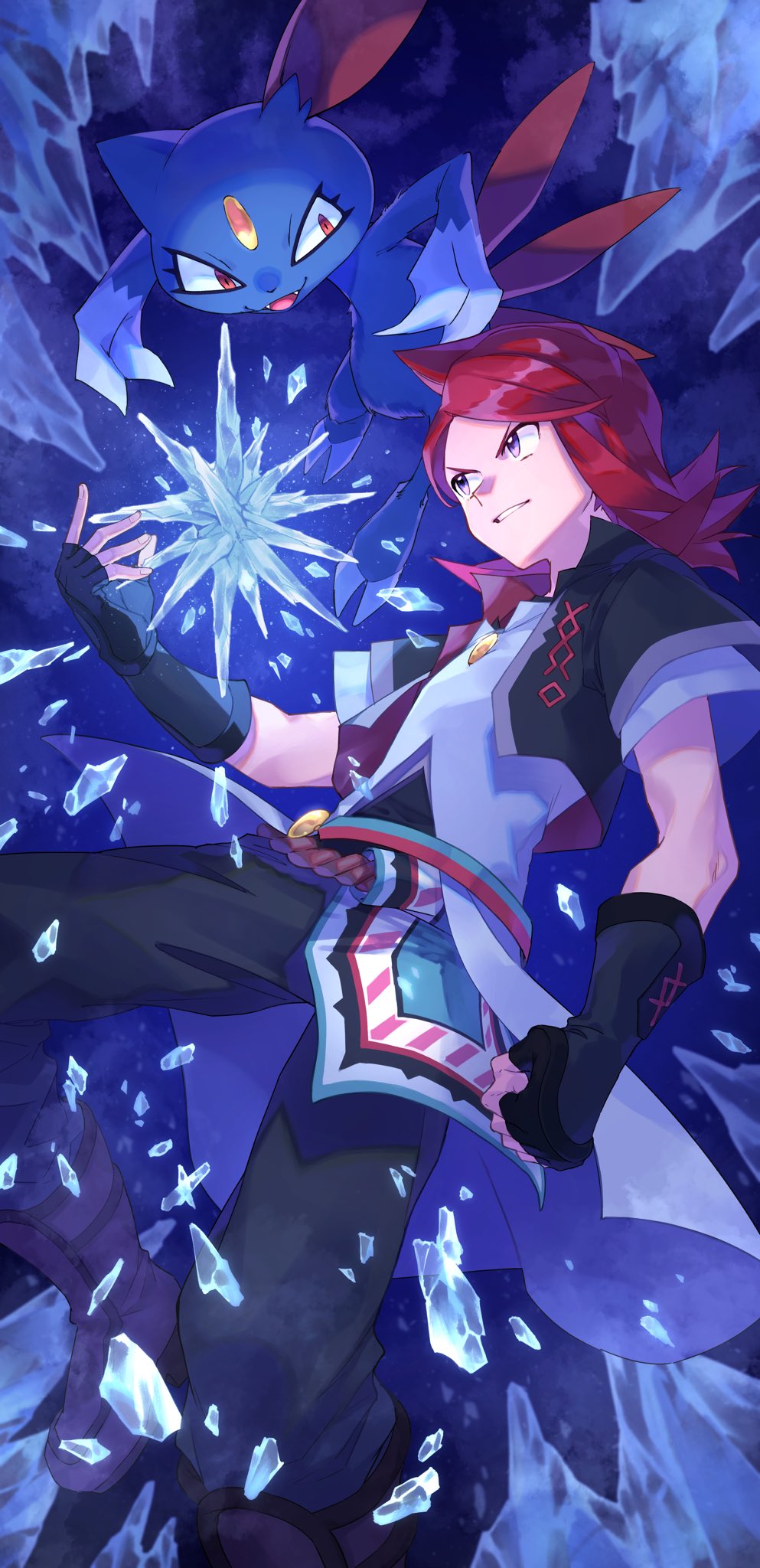 1boy black_gloves boots clenched_hand commentary_request cowlick cropped_jacket fingerless_gloves gloves grey_eyes highres ice ice_shard jacket long_hair male_focus official_alternate_costume open_clothes open_jacket pants parted_lips pokemon pokemon_(creature) pokemon_(game) pokemon_masters_ex redhead short_sleeves silver_(pokemon) silver_(sygna_suit)_(pokemon) smile smrs_ss sneasel