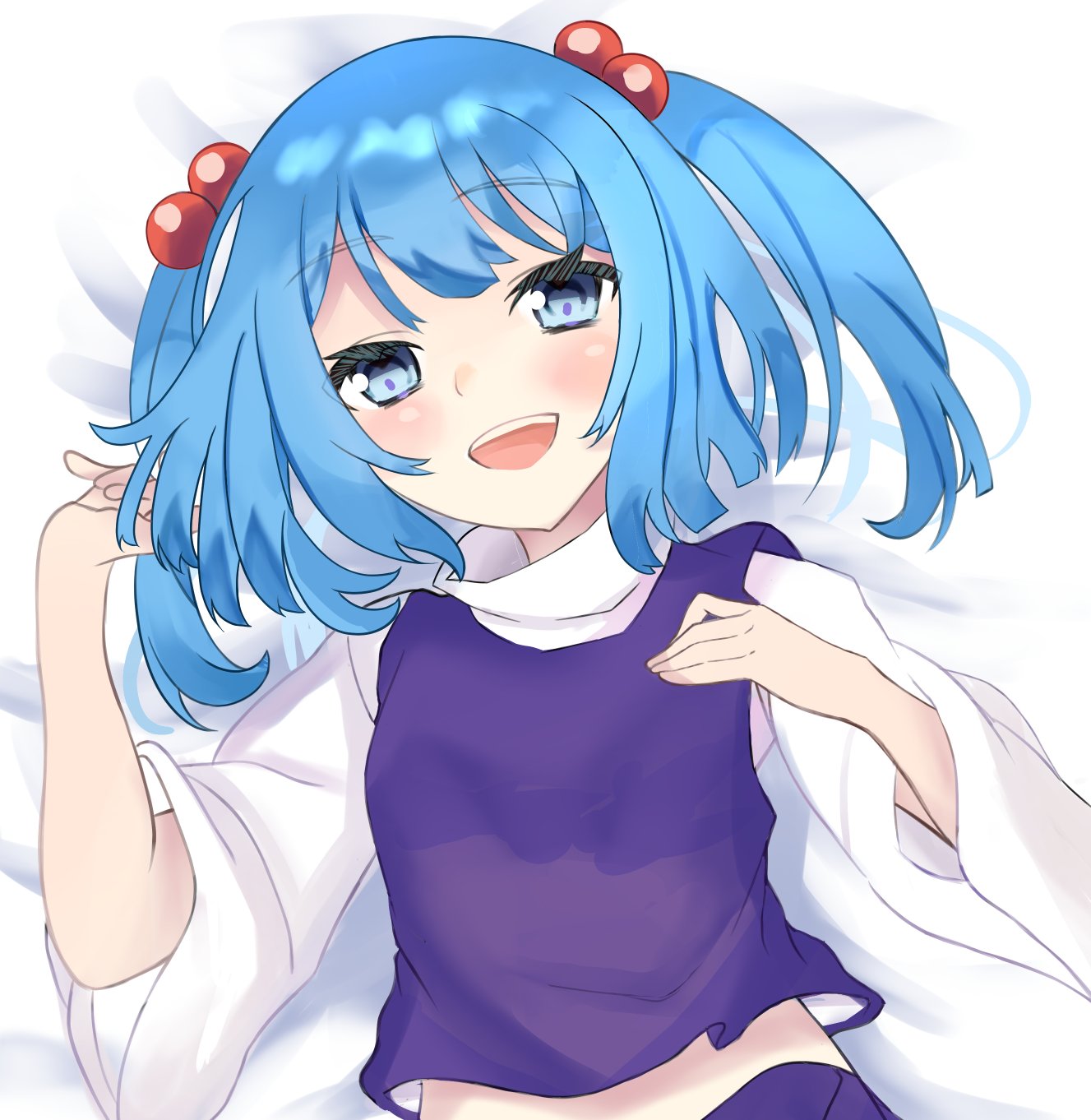 1girl aika4472 blue_eyes blue_hair commentary_request cosplay hair_bobbles hair_ornament highres kawashiro_nitori long_sleeves looking_at_viewer lying moriya_suwako moriya_suwako_(cosplay) on_back on_bed open_mouth purple_vest shirt solo touhou two_side_up upper_body vest white_shirt wide_sleeves