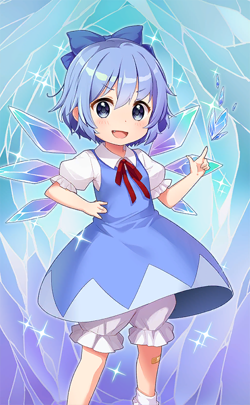 1girl bandaid bandaid_on_leg blue_bow blue_dress blue_eyes blue_hair bow cirno collared_shirt dress fairy fairy_wings fang frilled_pants frilled_sleeves frills hair_bow hand_on_own_hip ice ice_background ice_wings jigatei_(omijin) neck_ribbon official_art open_mouth pants pantyhose pointing puffy_pants puffy_short_sleeves puffy_sleeves red_ribbon ribbon shirt short_hair short_sleeves smile socks touhou touhou_cannonball v-shaped_eyebrows white_shirt white_socks wings