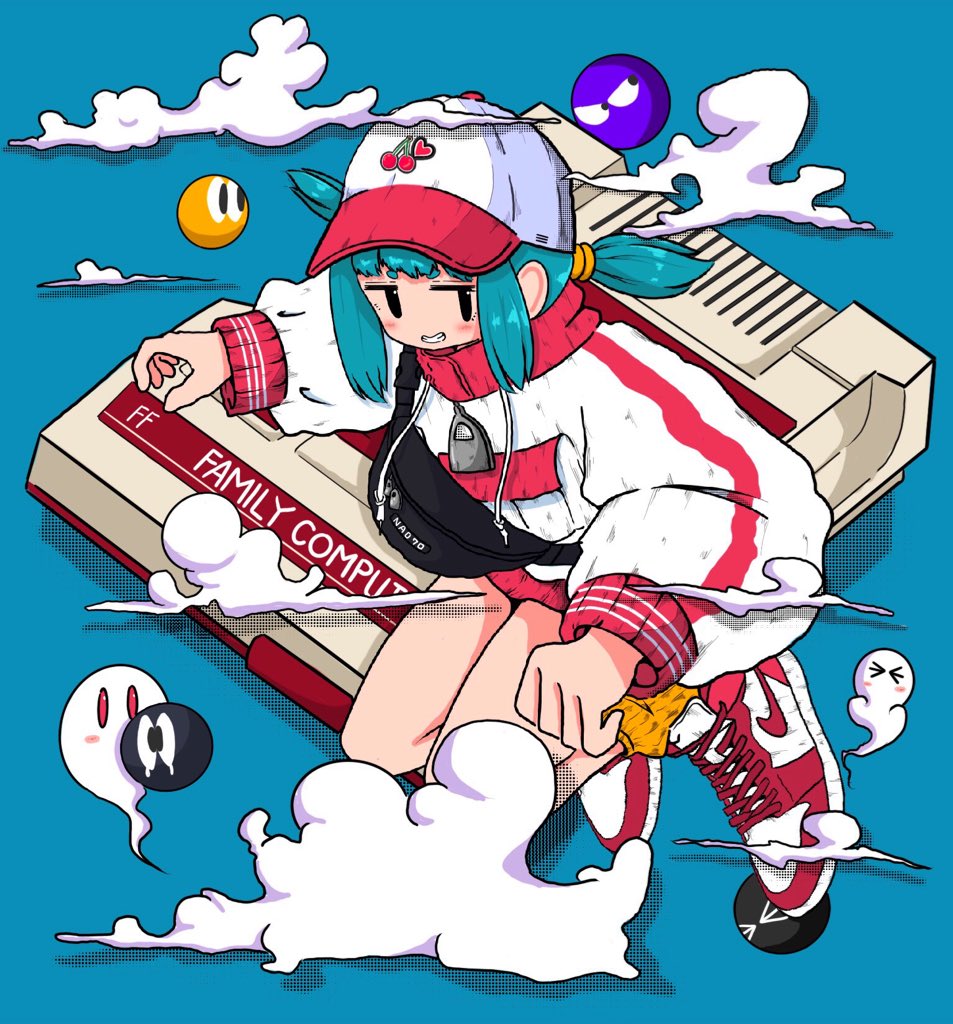 1girl aqua_hair baseball_cap black_eyes blue_background cherry_print clouds commentary drawstring drop_shadow famicom fanny_pack food_print full_body game_console ghost grin hat high_collar jitome long_sleeves looking_at_viewer low_twintails nao97122 nike original red_footwear red_headwear shoes sidelocks single_vertical_stripe smile sneakers socks solo streetwear sweater twintails white_footwear white_headwear white_sweater yellow_socks zipper_pull_tab