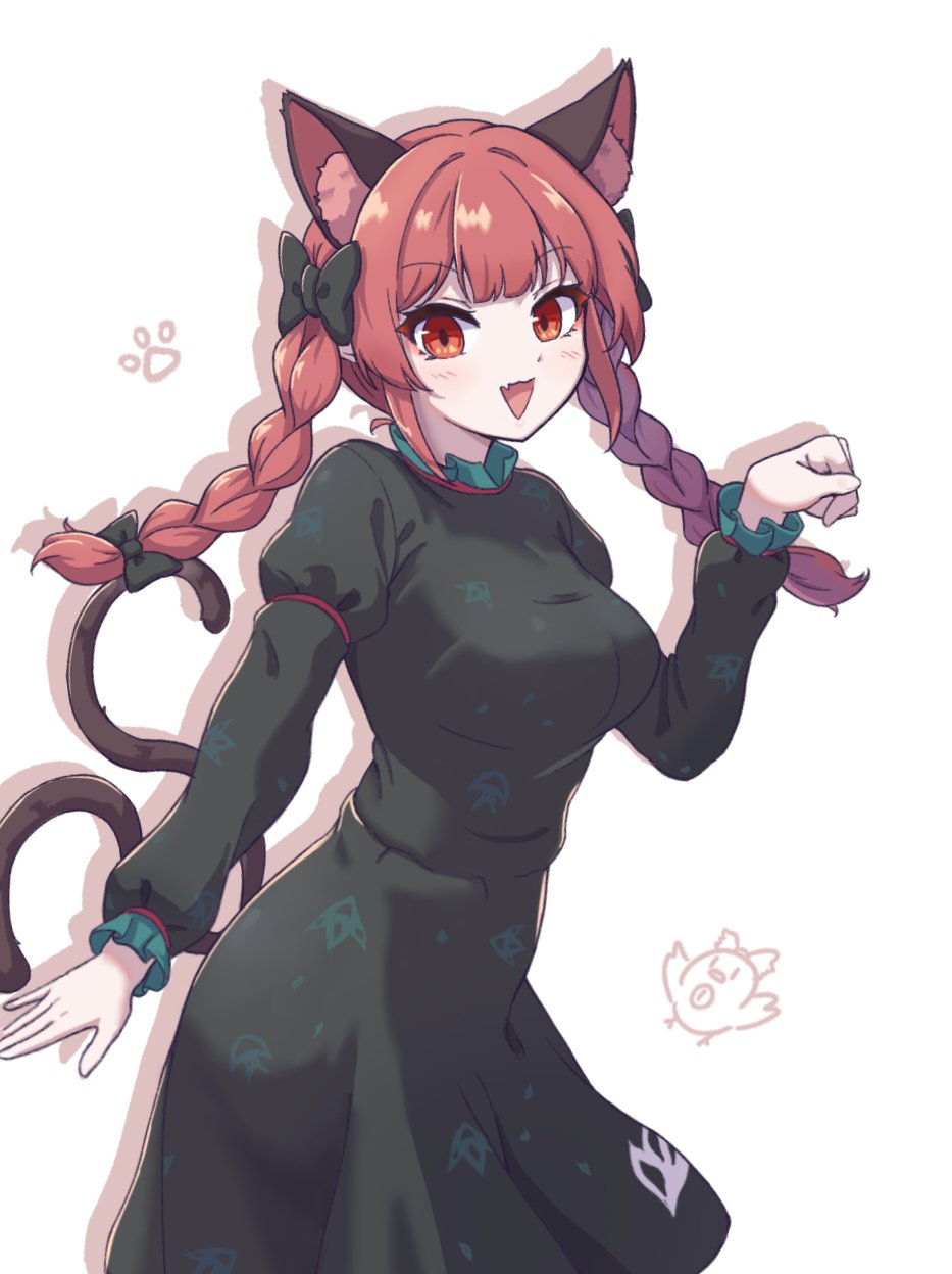 1girl :d animal_ear_fluff animal_ears black_bow blunt_bangs bow braid breasts cat_ears cat_tail chibi chibi_inset commentary contrapposto cowboy_shot double-parted_bangs dress drop_shadow extra_ears fang frills green_dress hair_bow hand_up highres hihi_(cvwv4322) juliet_sleeves kaenbyou_rin large_breasts leaning_forward light_blush long_hair long_sleeves looking_at_viewer multiple_tails nekomata open_mouth paw_pose paw_print puffy_sleeves red_eyes redhead reiuji_utsuho reiuji_utsuho_(bird) skin_fang smile solo tail touhou triangle_mouth twin_braids two_tails