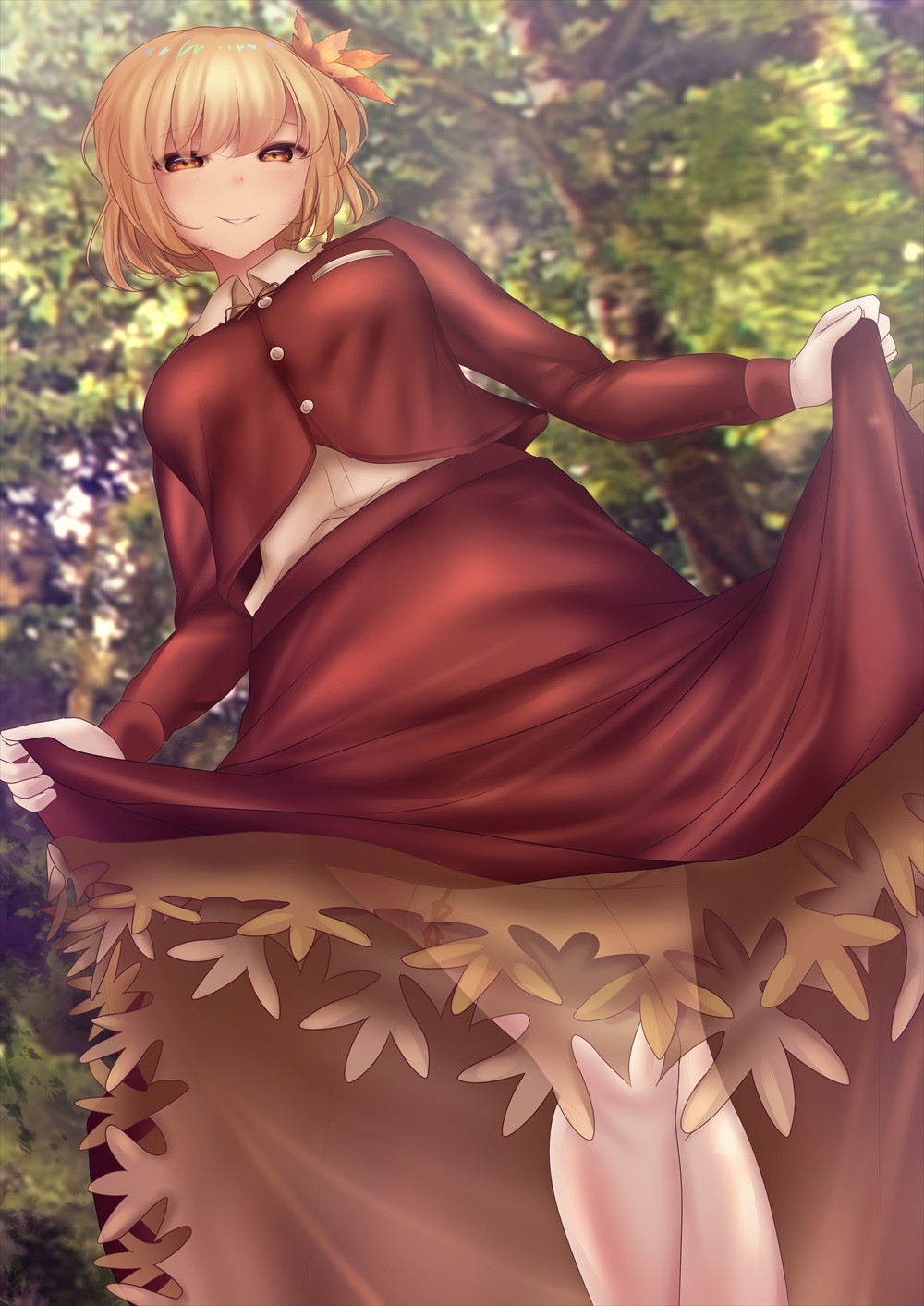 1girl aki_shizuha buttons closed_mouth clothes_lift commentary_request feet_out_of_frame forest hair_ornament highres leaf_hair_ornament long_sleeves looking_at_viewer nature outdoors red_eyes red_shirt red_skirt shirt shounen_(hogehoge) skirt skirt_lift smile solo touhou tree