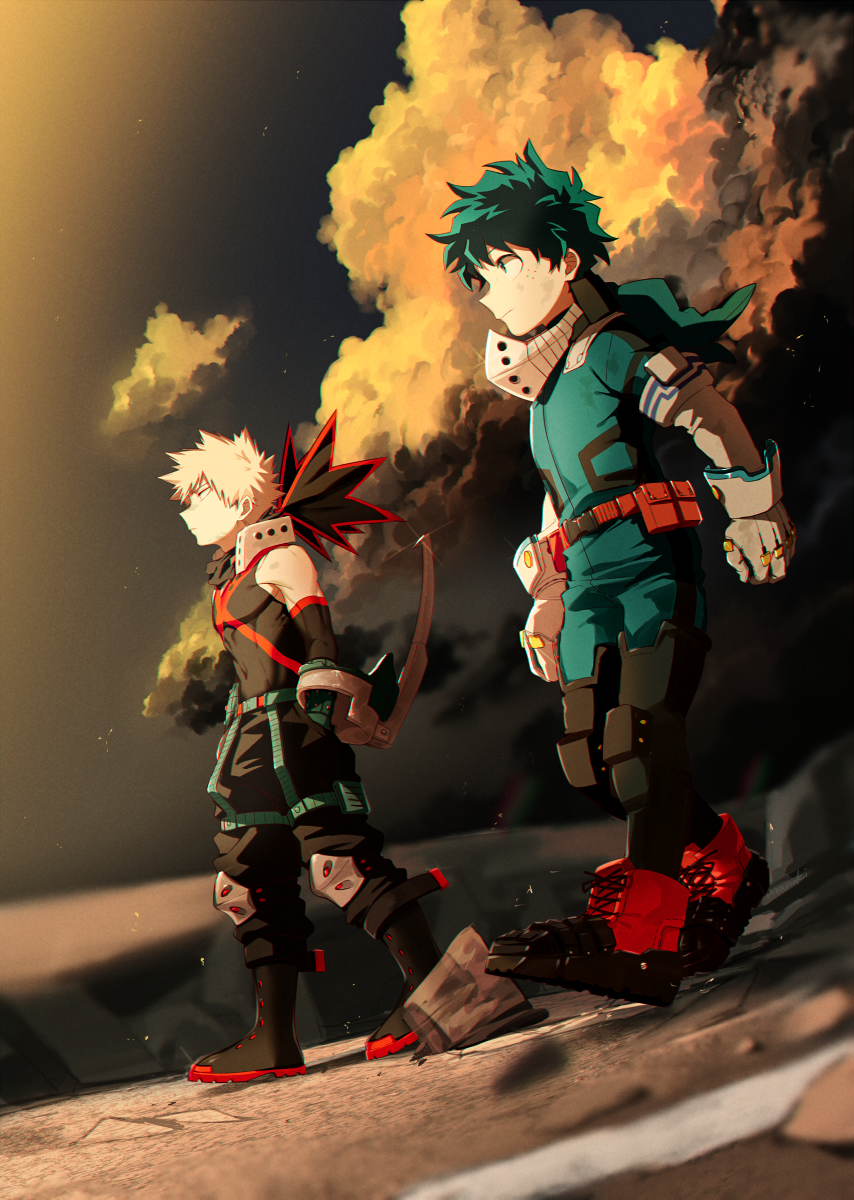 2boys arms_at_sides bakugou_katsuki bare_shoulders belt belt_pouch black_cloud black_clouds black_footwear black_mask black_pants black_tank_top blonde_hair blurry blurry_background blurry_foreground bodysuit boku_no_hero_academia boots chromatic_aberration clenched_hands closed_mouth clouds cloudy_sky colored_shoe_soles combat_boots commentary_request covered_navel cross-laced_footwear depth_of_field detached_sleeves dirty dirty_clothes dirty_face dutch_angle eye_mask film_grain freckles from_side full_body gloves green_bodysuit green_eyes green_hair hands_in_pockets headgear highres knee_pads light looking_ahead male_focus maneki-neko_(fujifuji) mask mask_around_neck midoriya_izuku multiple_boys outdoors pants partial_commentary pouch profile red_belt rock scratches shadow short_hair sidelighting sideways_mouth sky sleeveless snap-fit_buckle spiky_hair sunlight tank_top toned toned_male utility_belt v-neck walking white_gloves wrist_guards x yellow_clouds