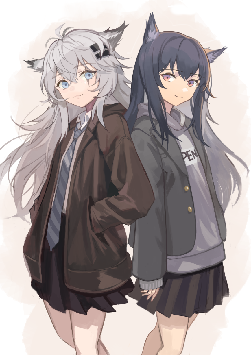 2girls animal_ear_fluff animal_ears arknights black_hair black_jacket black_skirt blue_eyes brown_eyes brown_jacket closed_mouth commentary feet_out_of_frame grey_hair grey_sweater hands_in_pockets highres jacket lappland_(arknights) long_hair long_sleeves looking_at_viewer miniskirt multiple_girls open_clothes open_jacket pleated_skirt scar scar_across_eye scar_on_face shirt skirt smile standing sweater texas_(arknights) touchika very_long_hair white_shirt wolf_ears
