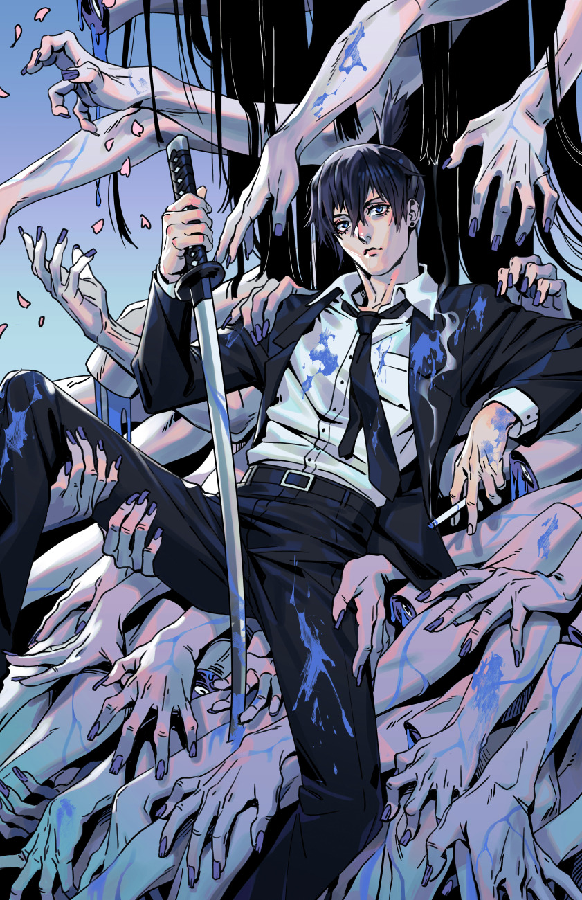 1boy black_hair black_necktie black_suit blue_eyes chainsaw_man cigarette closed_mouth disembodied_limb earrings extra_arms falling_petals formal ghost_devil_(chainsaw_man) hayakawa_aki highres holding holding_cigarette holding_sword holding_weapon irahi jewelry looking_at_viewer necktie oversized_limbs paint_splatter petals purple_nails shirt suit sword topknot weapon white_shirt