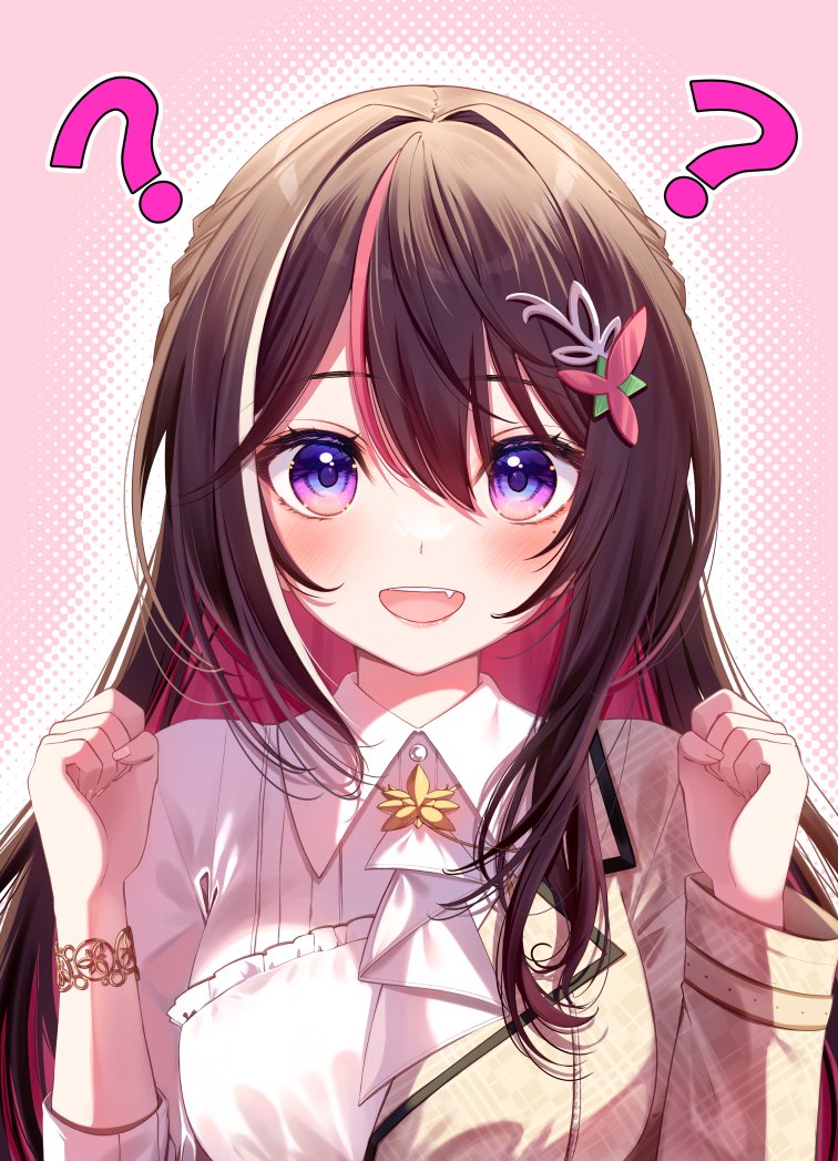 1girl ? ascot azki_(4th_costume)_(hololive) azki_(hololive) blush bracelet brown_hair brown_jacket clenched_hands collared_dress colored_inner_hair confused double-parted_bangs dress fang hair_between_eyes hair_ornament hairclip half_updo hololive jacket jewelry long_hair looking_at_viewer mole mole_under_eye multicolored_hair official_alternate_costume official_alternate_hair_length official_alternate_hairstyle open_mouth pink_hair sleeves_past_elbows solo streaked_hair tsurugi_hikaru upper_body violet_eyes virtual_youtuber white_ascot white_dress