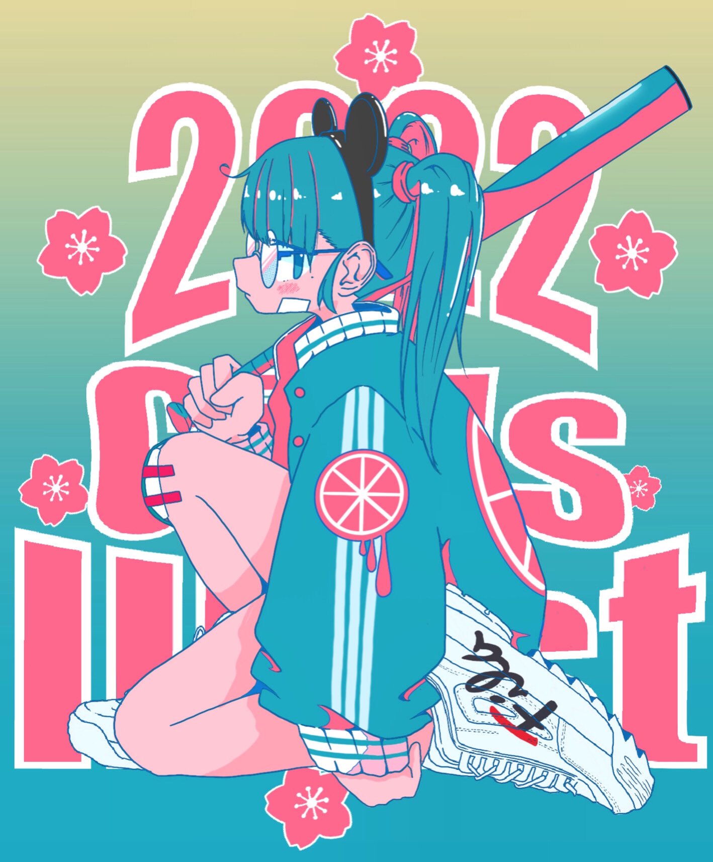 1girl 2022 animal_ears aqua_background aqua_eyes aqua_hair aqua_jacket bandaid bandaid_on_cheek bandaid_on_face bandaid_on_knee bandaid_on_leg baseball_bat black_hairband buttons cherry_blossoms closed_mouth english_text fake_animal_ears fila food from_side fruit full_body glasses gradient_background hairband highres holding holding_baseball_bat jacket knee_up lemon lemon_slice limited_palette long_hair long_sleeves looking_at_viewer mickey_mouse_ears nao97122 open_clothes open_jacket original print_jacket round_eyewear shoes sideways_glance sitting sneakers solo text_background triple_vertical_stripe twintails white_footwear