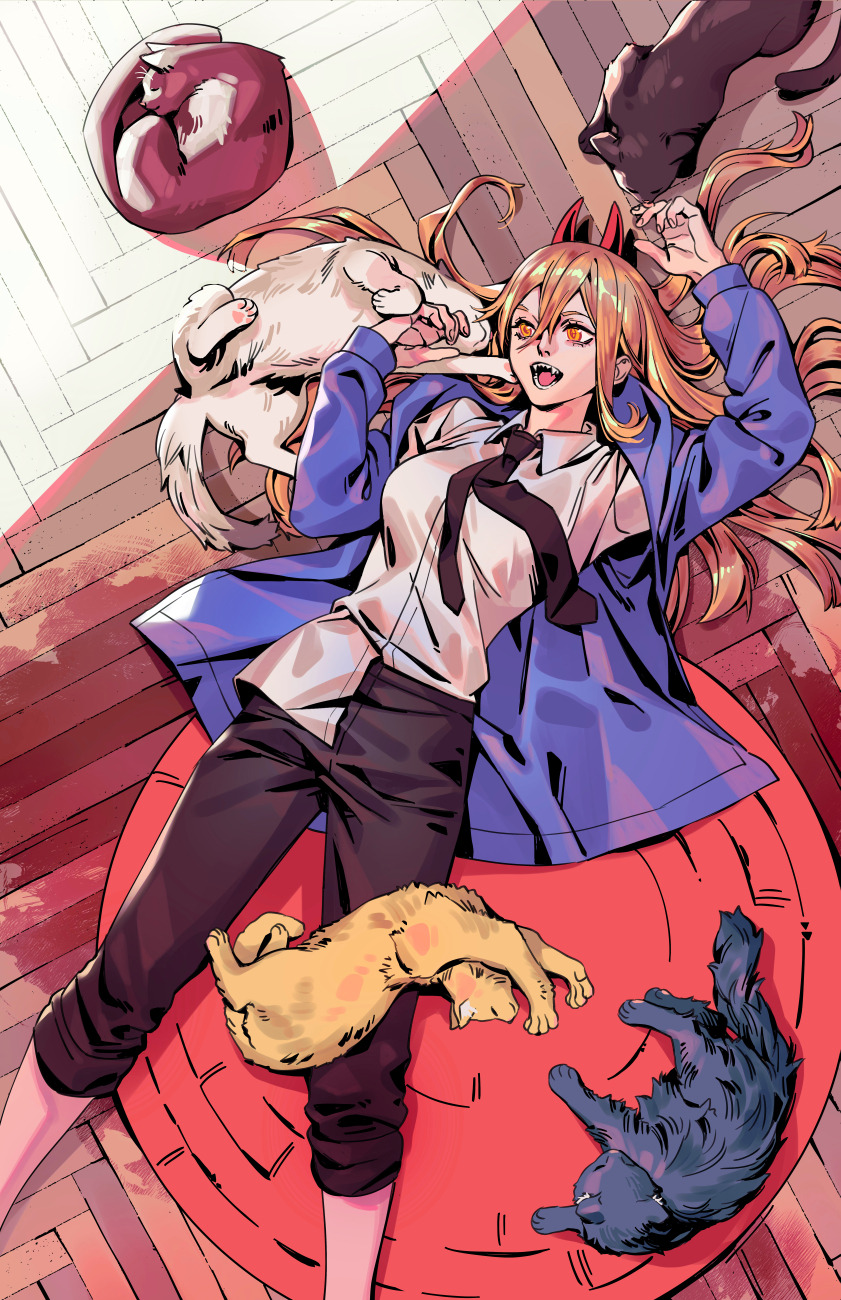 1girl black_necktie black_pants blue_coat cat chainsaw_man coat collared_shirt crosshair_pupils feet_out_of_frame highres horns irahi long_hair lying meowy_(chainsaw_man) necktie on_back open_mouth pants power_(chainsaw_man) sharp_teeth shirt teeth tongue white_shirt yellow_eyes