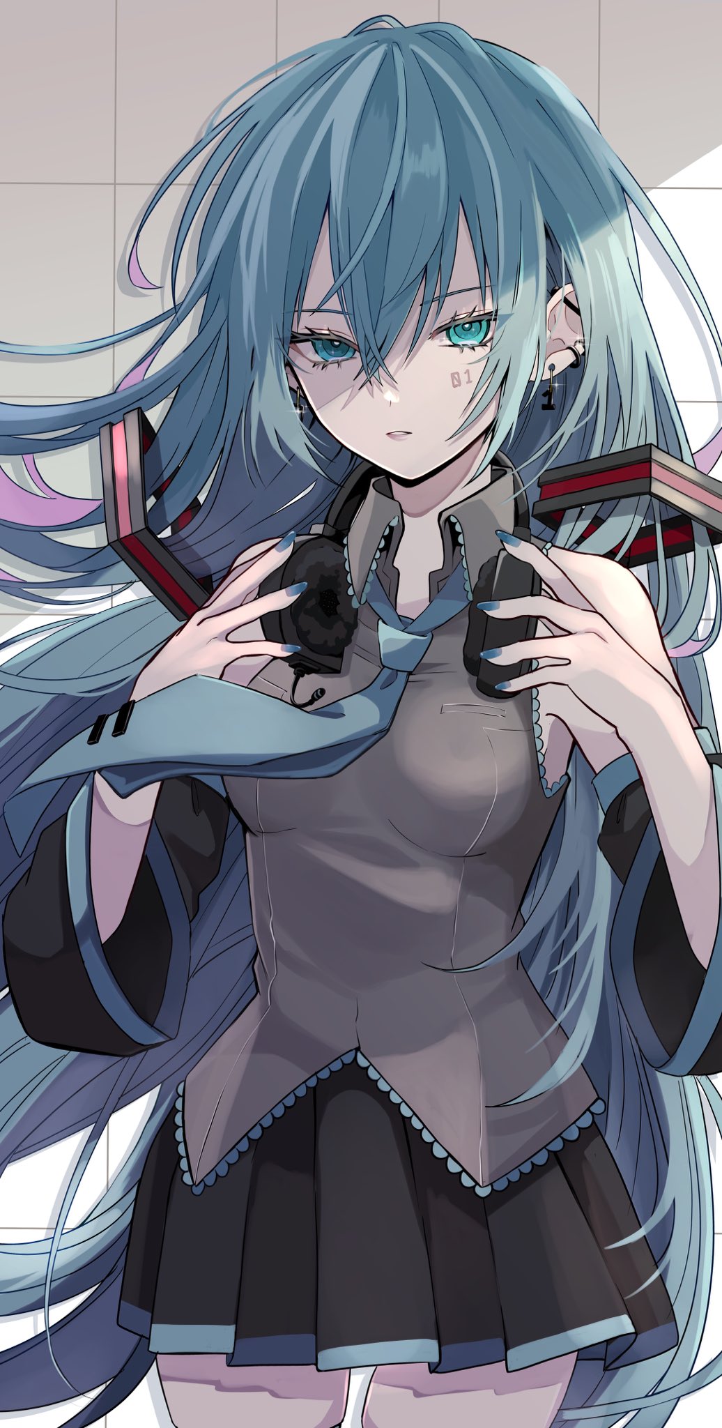 1girl absurdly_long_hair aqua_eyes barbell_piercing black_skirt black_sleeves blue_hair blue_nails blue_necktie breasts collared_shirt cowboy_shot detached_sleeves ear_piercing earrings eyelashes facepaint fingernails floating_hair glint green_eyes grey_shirt hair_between_eyes hair_down hair_ornament hair_ornament_removed hand_on_headphones hands_up hatsune_miku headphones headphones_around_neck headphones_removed highres industrial_piercing jewelry long_hair looking_at_viewer medium_breasts messy_hair multicolored_eyes muted_color naguno-0713 necktie number_earrings parted_lips piercing pleated_skirt ringed_eyes shade shirt sidelighting skirt sleeveless sleeveless_shirt solo thigh_gap thighs tie_clip tile_wall tiles tsurime two-tone_eyes very_long_hair vocaloid wall wide_sleeves