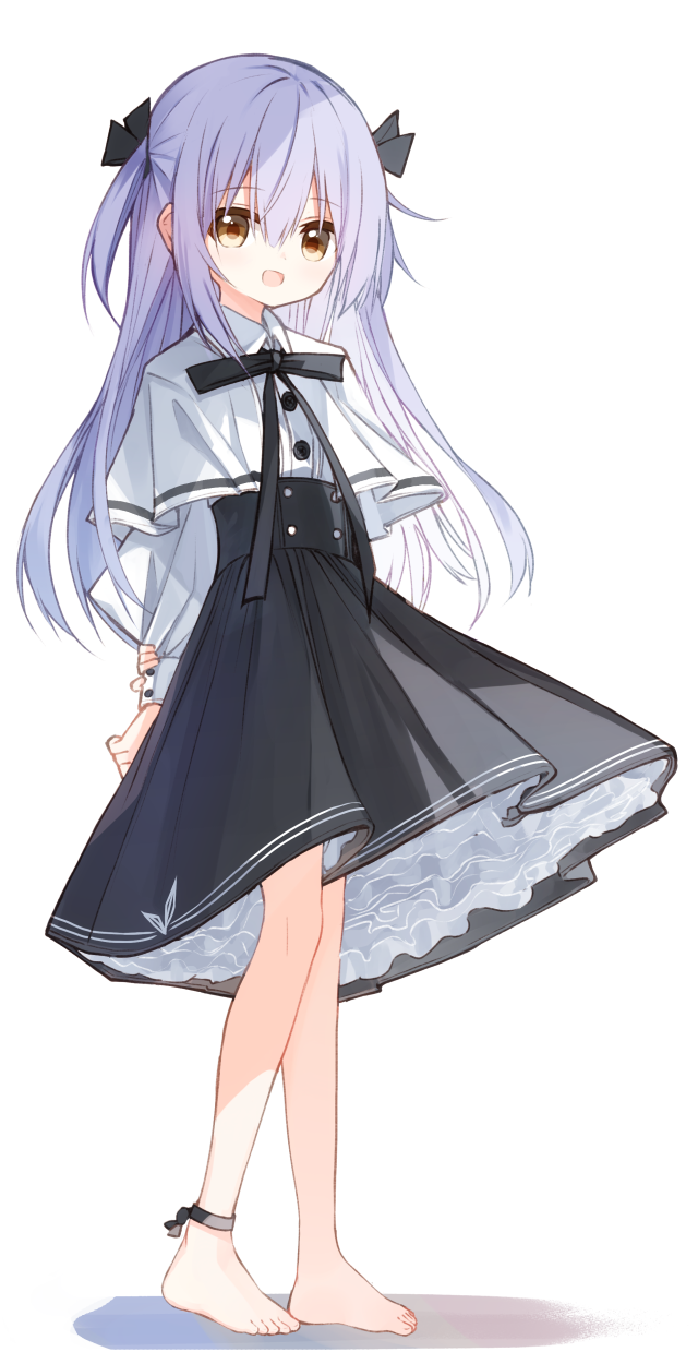 1girl :d arm_behind_back arm_grab barefoot black_bow black_skirt bow brown_eyes capelet full_body hair_between_eyes highres long_hair long_sleeves looking_at_viewer original pleated_skirt puffy_long_sleeves puffy_sleeves purple_hair shadow shirt simple_background skirt smile solo standing two_side_up very_long_hair white_background white_capelet white_shirt yuuhagi_(amaretto-no-natsu)
