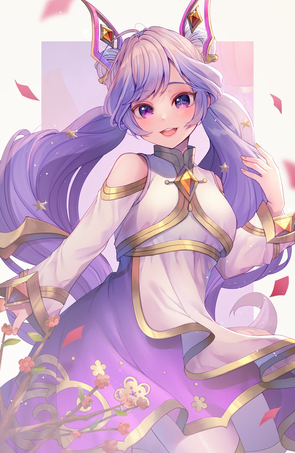 1girl :d alternate_costume apron bare_shoulders blue_eyes breasts cowboy_shot double_bun dress flower grey_hair gwen_(league_of_legends) hair_bun hair_ornament hand_up highres league_of_legends long_hair medium_breasts momoirone purple_background purple_dress red_flower smile solo teeth twintails upper_teeth_only white_apron white_background