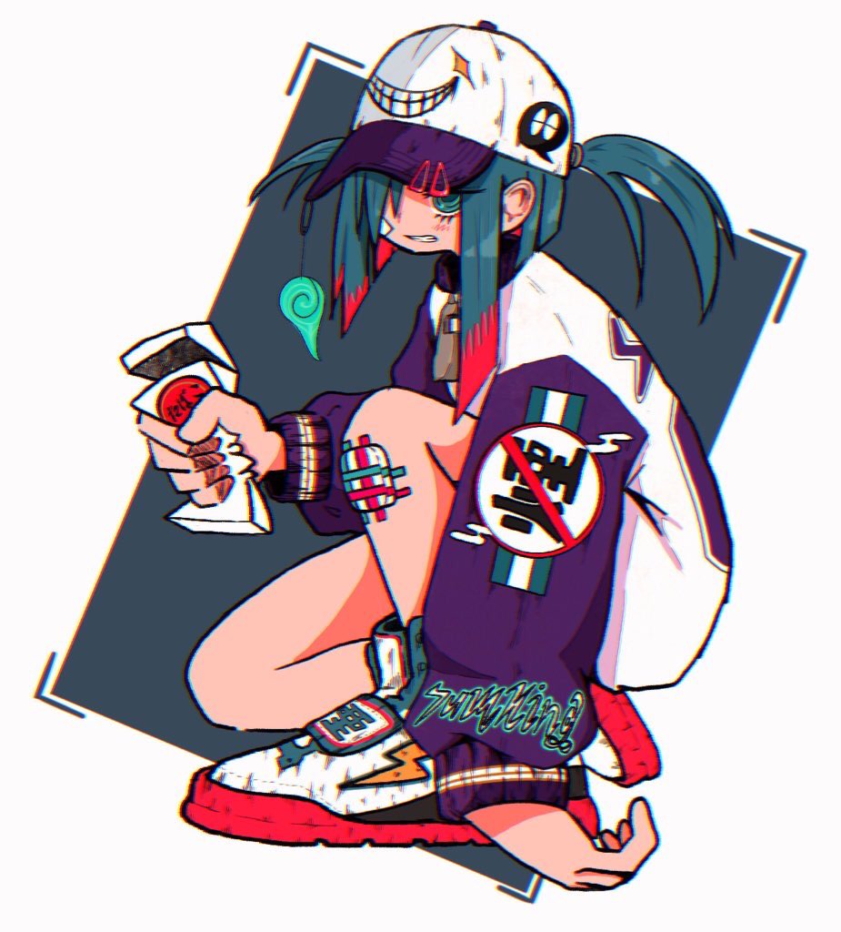 1girl aqua_eyes aqua_hair bandaid bandaid_on_knee bandaid_on_leg baseball_cap charm_(object) clenched_teeth colored_tips commentary from_side full_body grey_background hair_over_one_eye hat holding jacket long_sleeves looking_at_viewer looking_to_the_side medium_hair multicolored_hair nao97122 no_smoking one_eye_covered original outside_border print_headwear print_jacket purple_headwear purple_jacket purple_sleeves redhead shoes sneakers solo streetwear symbol-only_commentary teeth two-tone_hair two_side_up white_background white_footwear white_headwear white_jacket zipper_pull_tab