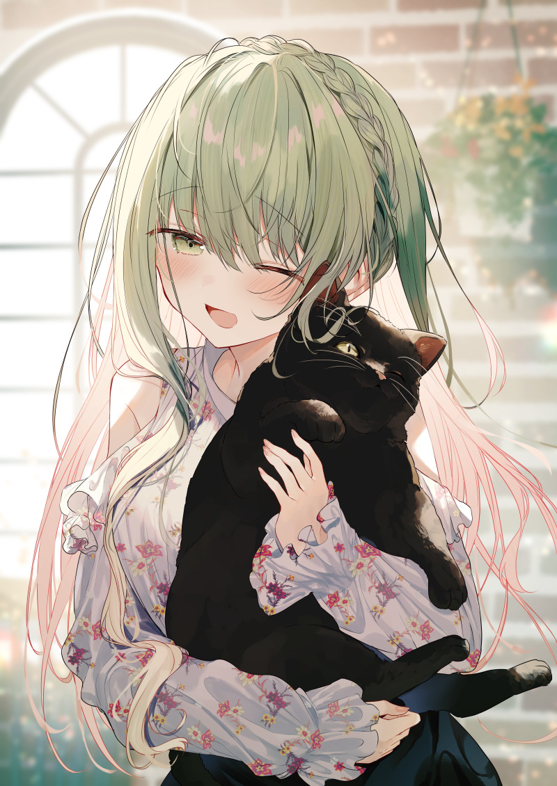 1girl ;d animal_hug black_cat blurry blurry_background blush braid breasts brick_wall cat cecilia_(shiro_seijo_to_kuro_bokushi) clothing_cutout commentary_request crown_braid day depth_of_field dress floral_print green_eyes green_hair hair_between_eyes hanging_plant indoors kazutake_hazano long_hair medium_breasts multicolored_hair object_hug one_eye_closed pink_hair plant potted_plant print_dress shiro_seijo_to_kuro_bokushi shoulder_cutout smile solo sunlight two-tone_hair very_long_hair white_dress window