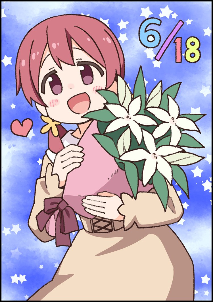 1girl :d bouquet brown_eyes commentary_request dated dot_nose flower heart holding holding_bouquet lily_(flower) long_hair long_sleeves looking_at_viewer murosaki_miyo nekotoufu official_art onii-chan_wa_oshimai! open_mouth redhead simple_background smile solo starry_background