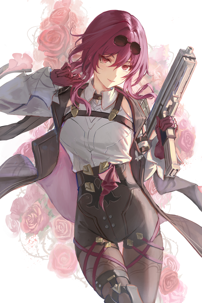 1girl aiming_up athenawyrm black_jacket black_pantyhose black_shorts breasts collared_shirt commentary english_commentary eyewear_on_head floral_background flower gun hands_up head_tilt high-waist_shorts holding holding_gun holding_weapon honkai:_star_rail honkai_(series) jacket jacket_on_shoulders kafka_(honkai:_star_rail) looking_at_viewer medium_breasts pantyhose pantyhose_under_shorts pink_hair red_eyes red_flower red_rose rose shirt short_hair short_hair_with_long_locks shorts sidelocks simple_background smile solo thigh_strap tinted_eyewear weapon white_background white_shirt