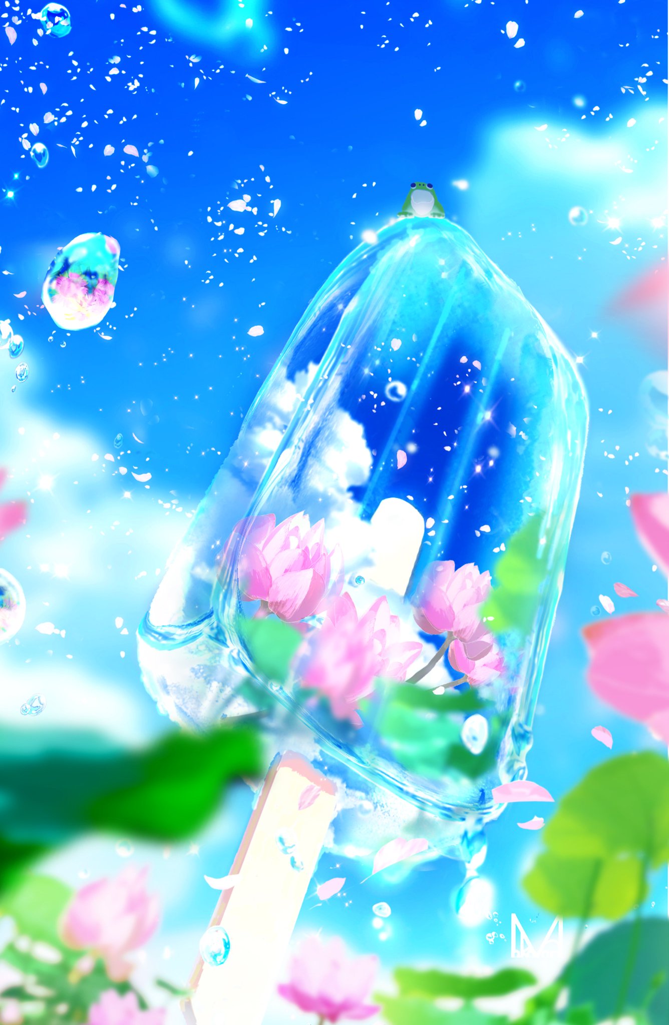 blue_sky blurry blurry_background clouds day double_exposure flower food highres makoron117117 no_humans original outdoors pink_flower plant popsicle scenery sky still_life water_drop