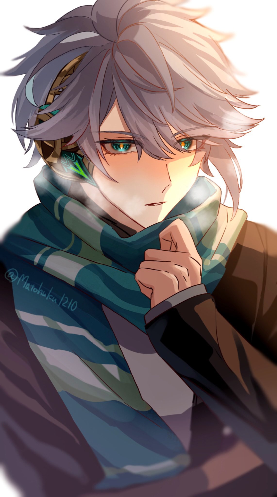 Genshin impact character, guy, blue winter clothes, white hair