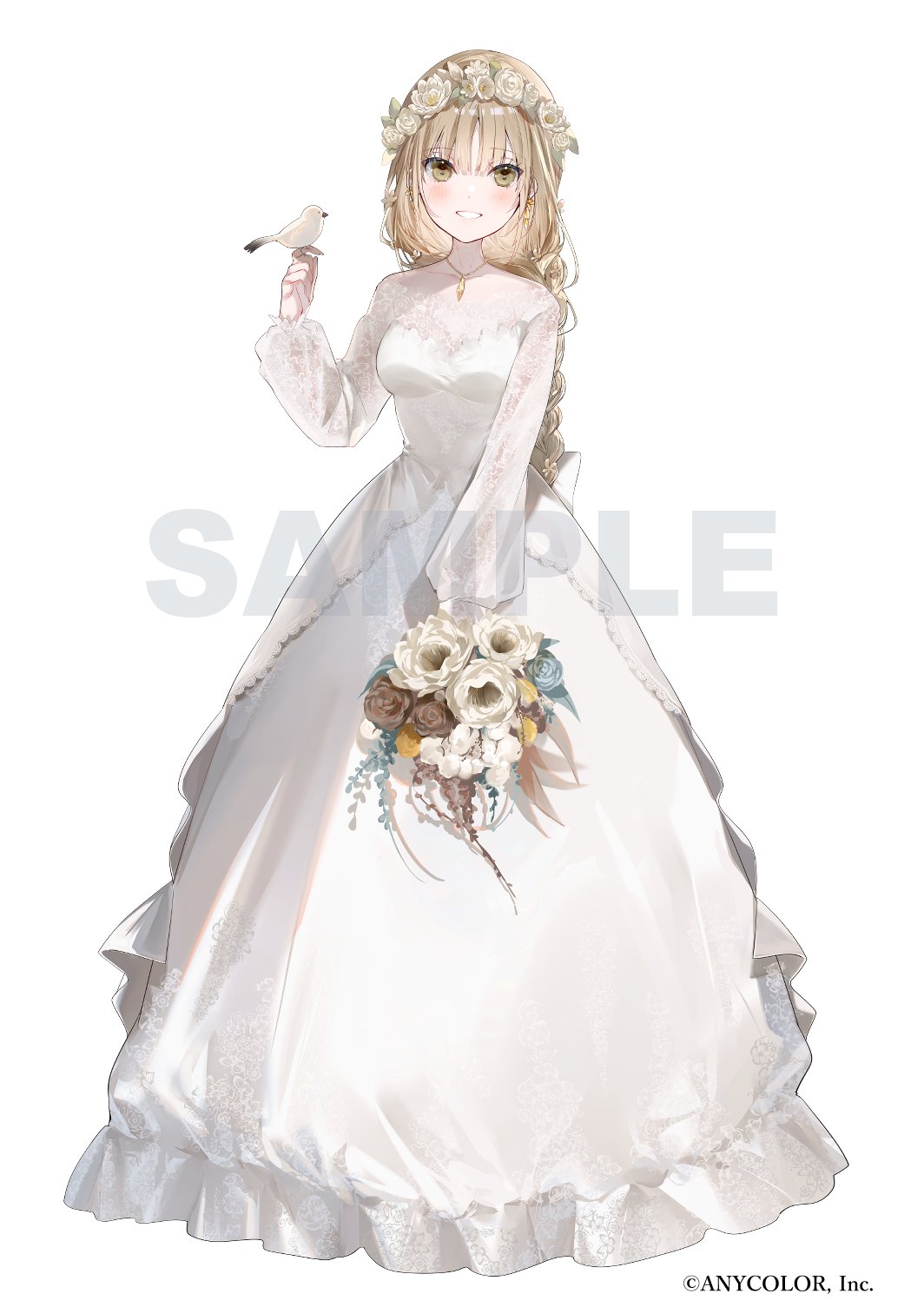 1girl back_bow bird bird_on_hand blush bouquet bow braid braided_ponytail bride choppy_bangs dress flower full_body head_wreath highres holding holding_bouquet holding_flower jewelry lace_sleeves light_brown_hair long_dress long_hair long_sleeves looking_at_viewer miwano_rag necklace nijisanji official_alternate_costume official_art sample_watermark simple_background sister_cleaire smile solo virtual_youtuber wedding_dress white_background white_dress