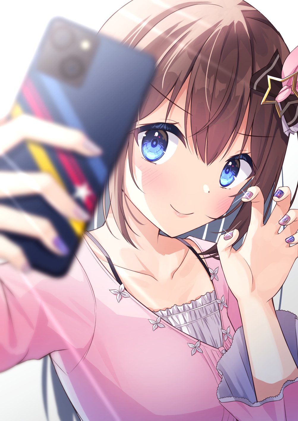 &gt;:) 1girl black_bow blue_eyes blurry blurry_foreground bow brown_hair cellphone claw_pose closed_mouth collarbone commentary_request depth_of_field gradient_background grey_background hair_between_eyes hair_bow hair_ornament hand_up highres holding holding_phone hololive kugatsu_tooka long_hair long_sleeves looking_at_viewer nail_art phone pink_shirt selfie shirt smile solo star_(symbol) star_hair_ornament tokino_sora upper_body v-shaped_eyebrows very_long_hair virtual_youtuber white_background