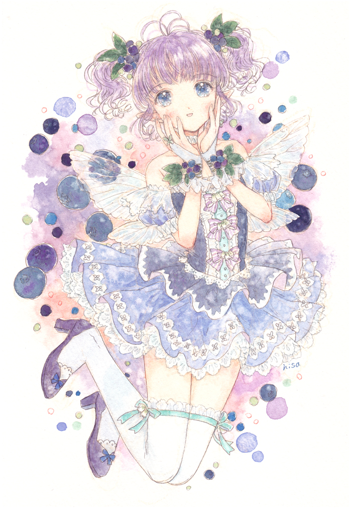 1girl ahoge bare_shoulders blue_eyes blueberry blueberry_hair_ornament corset curly_hair dress fairy fairy_wings food food-themed_hair_ornament frilled_bracelet frilled_dress frilled_socks frills fruit hair_ornament hands_on_own_cheeks hands_on_own_face hands_up heel_up high_heels kneehighs leaf light_blush looking_at_viewer original painting_(medium) parted_lips purple_corset purple_dress purple_footwear purple_hair purple_theme short_hair socks solo takanashi_tsubasa traditional_media two_side_up watercolor_(medium) white_socks white_wings wings