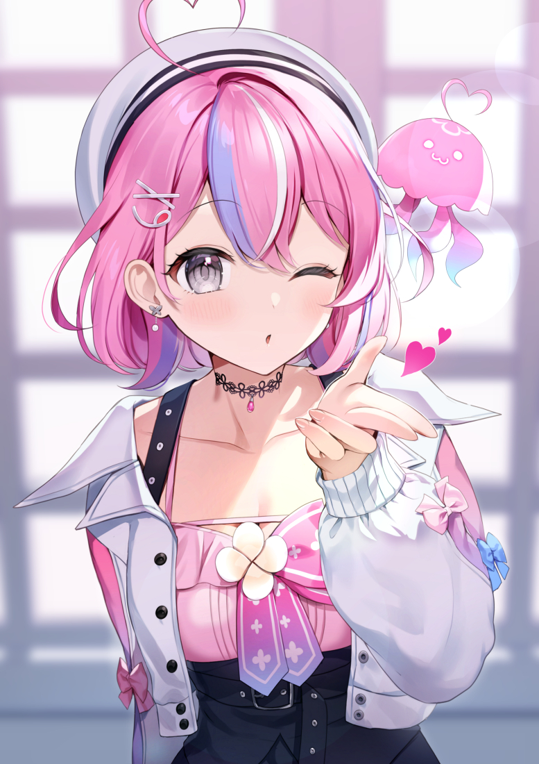 .live beret blowing_kiss blurry blurry_background blush breasts collarbone commentary_request grey_hair hair_between_eyes hair_ornament hairclip hat heart jacket jewelry looking_at_viewer medium_breasts momoshiki_tsubaki necklace one_eye_closed open_mouth pink_hair virtual_youtuber window