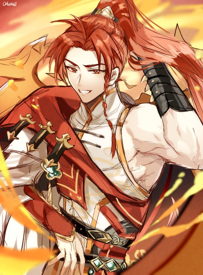1boy arm_guards belt black_belt braid cape chinese_clothes fire gold_trim grin h_haluhalu415 hand_up hazel_grouse_soup_(the_tale_of_food) long_hair looking_at_viewer male_focus parted_bangs ponytail red_cape red_eyes redhead shirt shoulder_cape side_braid single_sleeve sleeveless sleeveless_shirt smile solo the_tale_of_food toned toned_male upper_body white_shirt wings