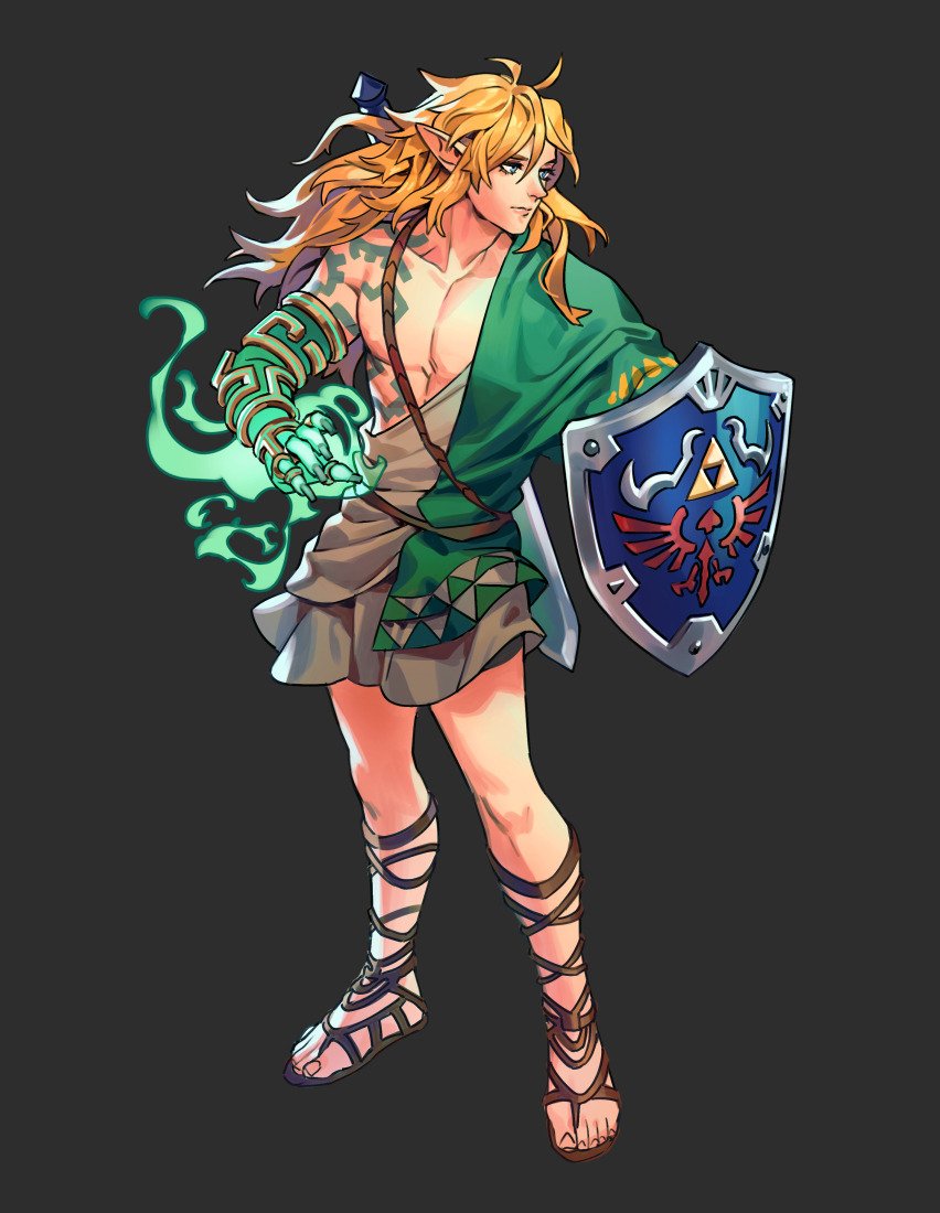 1boy arm_armor arm_tattoo bare_legs blonde_hair blue_eyes chest_tattoo closed_mouth cross-laced_sandals dark_background full_body green_tunic holding holding_shield link long_hair magic male_focus open_clothes pointy_ears shield solthrys sword sword_behind_back tattoo the_legend_of_zelda weapon white_tunic