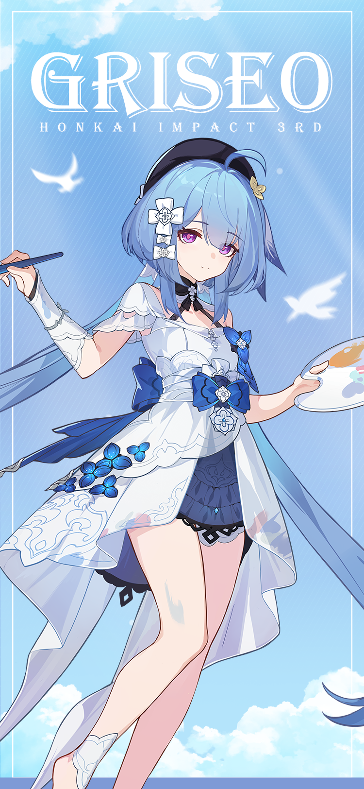 1girl ahoge animal beret bird black_headwear blue_flower blue_ribbon blue_sky blue_theme breasts character_name chinese_commentary closed_mouth clouds dress feet_out_of_frame flower griseo hat highres holding holding_paintbrush honkai_(series) honkai_impact_3rd legs logo long_hair looking_at_viewer official_art official_wallpaper paintbrush ribbon sky small_breasts solo upper_body violet_eyes white_dress