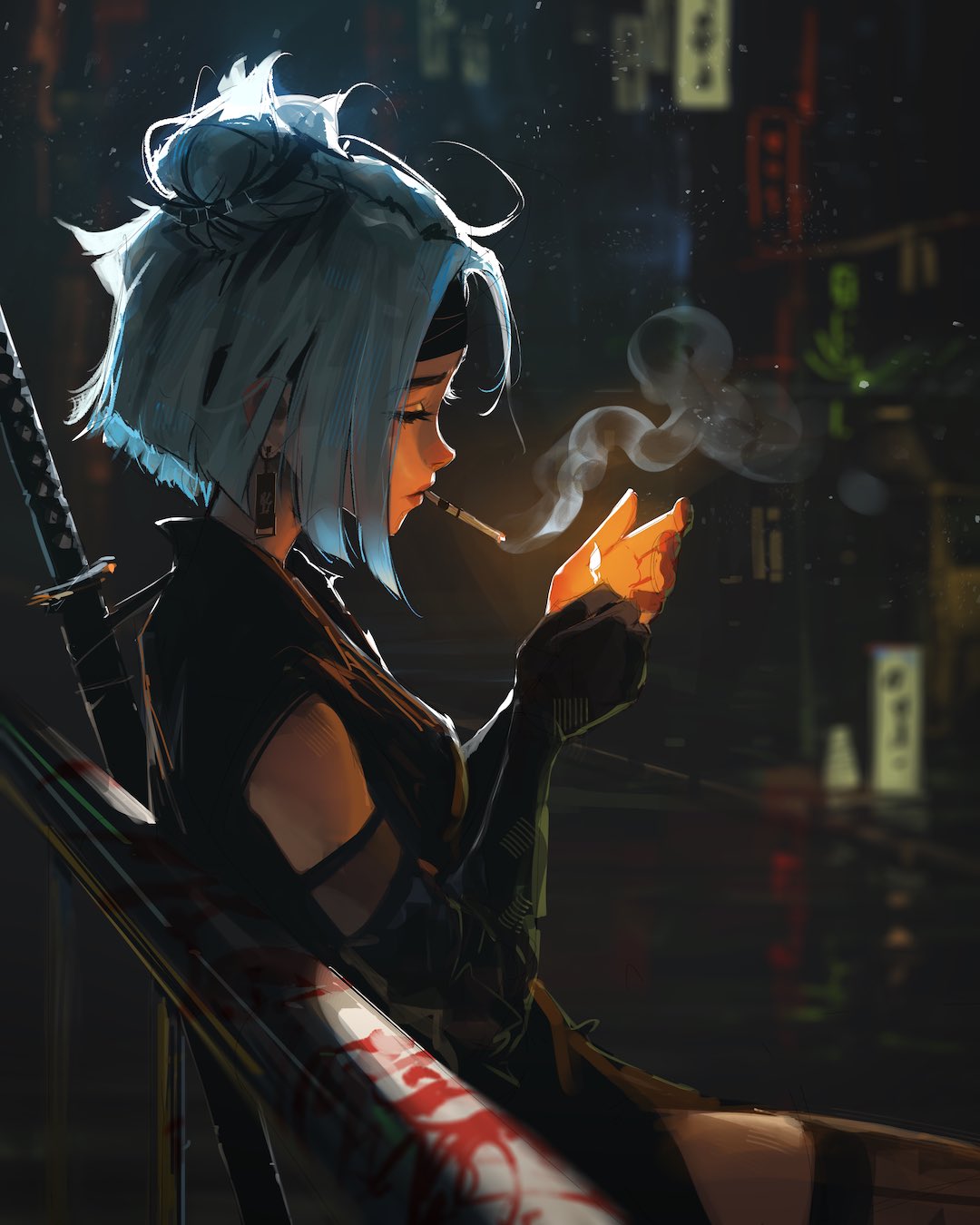 1girl black_gloves black_headwear black_thighhighs blurry blurry_background bob_cut cigarette cityscape commentary earrings elbow_gloves english_commentary gloves hair_bun hands_up headband highres inverted_bob jewelry katana light_particles matches medium_hair night original outdoors profile sam_yang sidelocks single_glove smoking solo sword sword_on_back thigh-highs upper_body weapon weapon_on_back white_hair