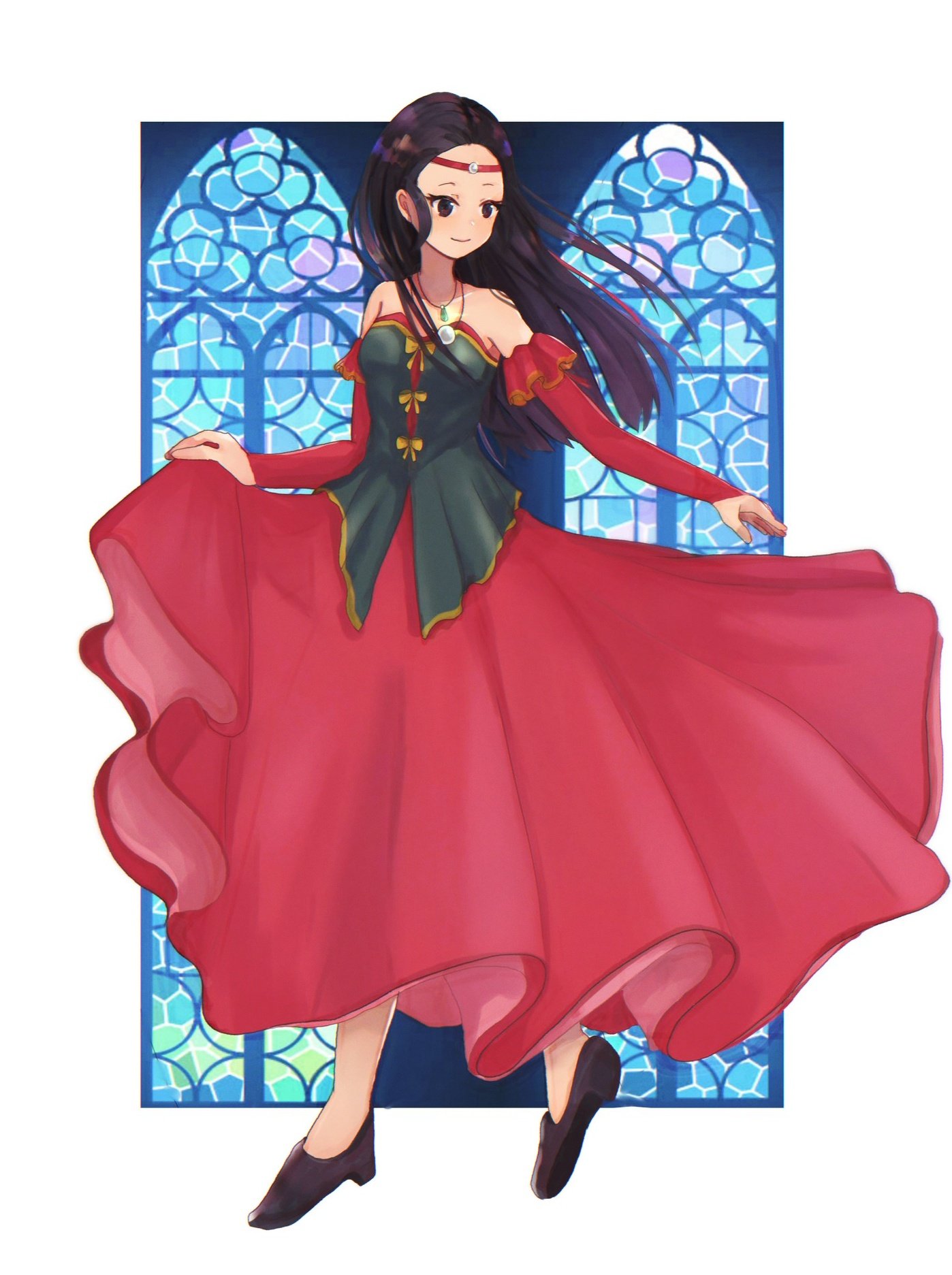 1girl bare_shoulders black_hair bow breasts brown_eyes circlet closed_mouth detached_sleeves dress frills full_body gensou_suikoden gensou_suikoden_ii high_heels highres jewelry jillia_blight korunosabu long_hair necklace pendant shoes smile solo standing window