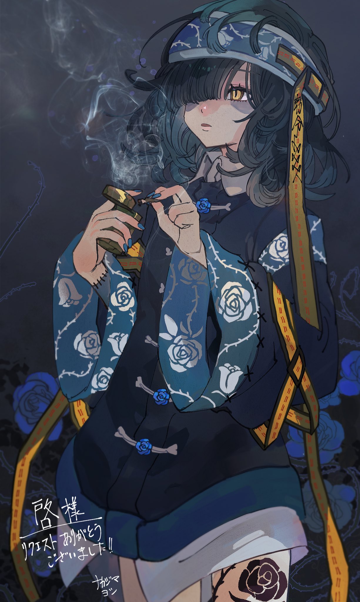 1girl black_hair blue_flower blue_headband blue_nails blue_rose cigarette commission floral_print flower hair_over_one_eye headband highres holding holding_cigarette holding_lighter indie_virtual_youtuber jacket leg_tattoo lighter long_sleeves nail_polish nakajii_yoshi parted_lips rose skeb_commission smoke solo standing stitched_arm stitches tattoo wide_sleeves yellow_eyes yosumi_(vtuber)