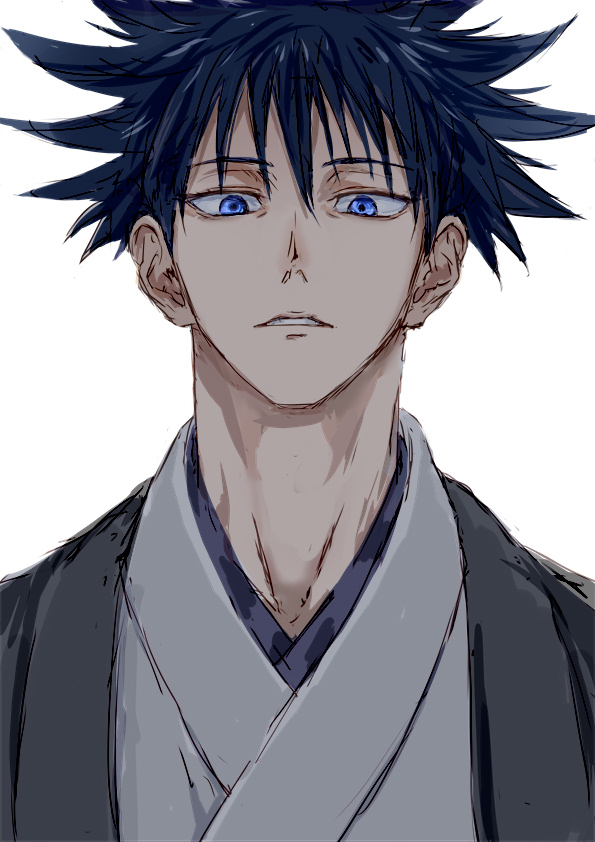 1boy black_hair blue_eyes commentary fushiguro_megumi japanese_clothes jujutsu_kaisen looking_at_viewer male_focus nori20170709 parted_lips portrait short_hair simple_background solo white_background