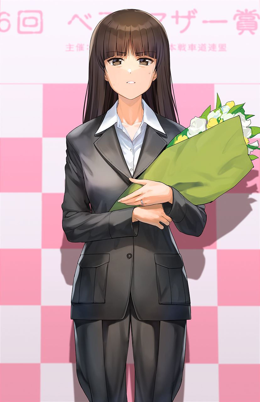 1girl a1 black_jacket black_pants blunt_bangs bouquet brown_eyes brown_hair collared_shirt commentary_request cowboy_shot dress_shirt flower formal girls_und_panzer highres holding holding_bouquet jacket jewelry long_hair long_sleeves mature_female nervous nishizumi_shiho pant_suit pants ring shirt skirt solo straight_hair suit suit_jacket sweatdrop wedding_ring white_skirt wing_collar