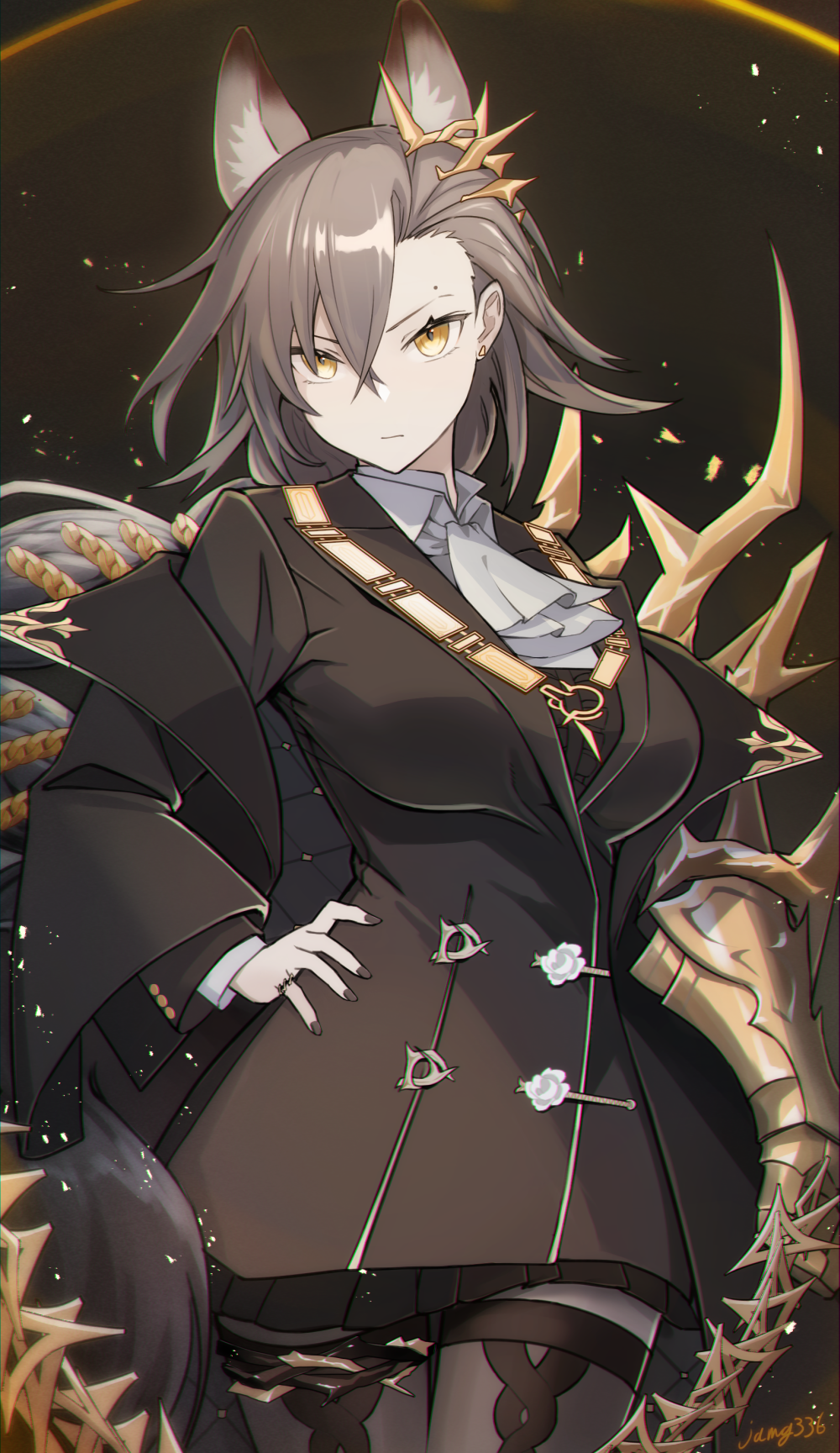 1girl animal_ears arknights ascot black_jacket brown_hair closed_mouth collared_shirt extra_ears gauntlets hair_between_eyes hand_on_own_hip highres jacket jamg336 long_hair long_sleeves looking_at_viewer penance_(arknights) shirt single_gauntlet solo tail white_ascot white_shirt wolf_ears wolf_girl wolf_tail yellow_eyes