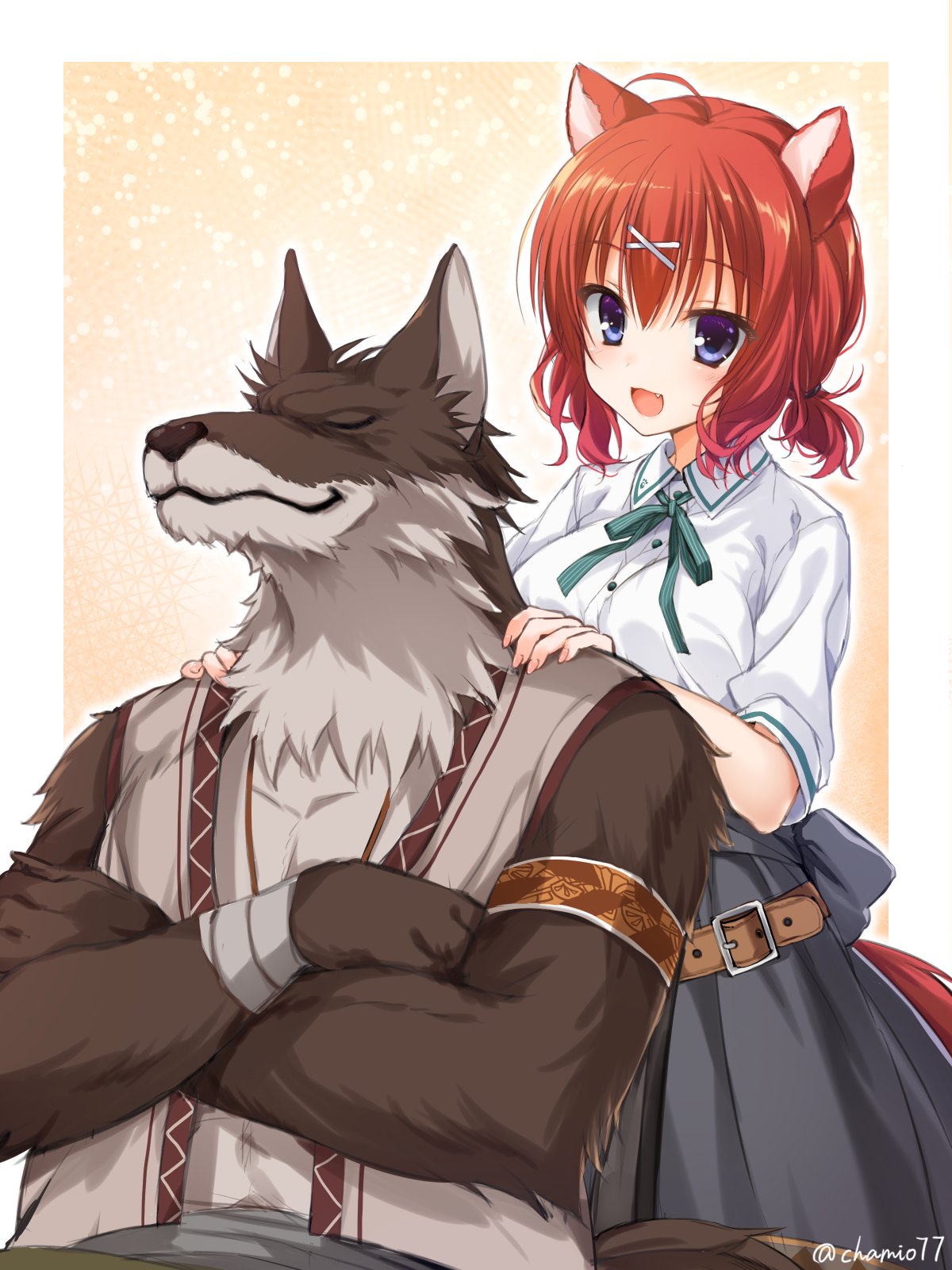 1boy 1girl :3 :d ahoge amairo_islenauts animal_ears belt blue_eyes breasts brown_belt chaamii closed_eyes commentary cowboy_shot dress_shirt eyelashes eyes_visible_through_hair fang father's_day father_and_daughter grey_skirt hair_between_eyes hair_ornament hands_on_another's_shoulders highres large_breasts light_blush long_skirt looking_at_another low_twintails masaki_gaillard massage medium_hair red_tail redhead shirt short_sleeves short_twintails simple_background skirt smile smug standing tail twintails twitter_username upper_body white_shirt wolf wolf_ears wolf_girl wolf_tail x_hair_ornament yellow_background
