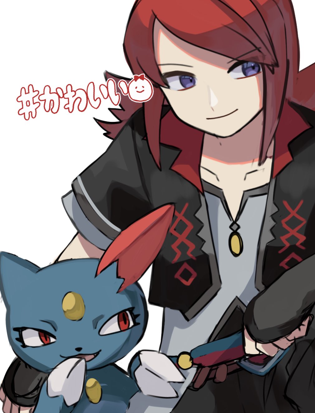 1boy aroma_0404 black_jacket closed_mouth collarbone commentary_request cropped_jacket fingerless_gloves gloves grey_shirt highres jacket long_hair male_focus official_alternate_costume open_clothes open_jacket pokemon pokemon_(creature) pokemon_(game) pokemon_masters_ex redhead shirt silver_(pokemon) silver_(sygna_suit)_(pokemon) smile sneasel violet_eyes white_background