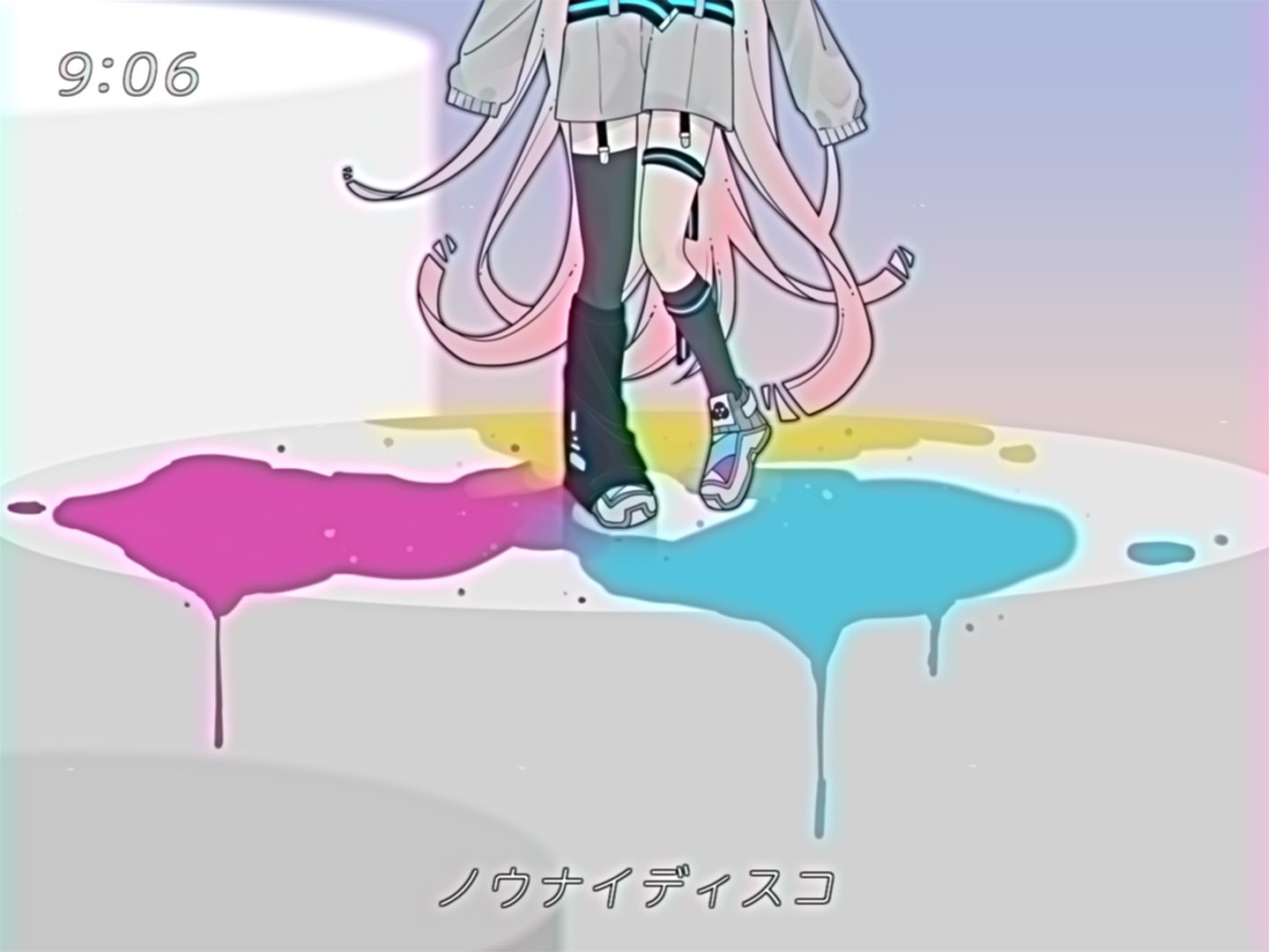 1girl alternate_costume arms_at_sides asymmetrical_legwear belt black_thighhighs blurry blurry_background cmyk commentary_request cylinder garter_straps grey_shorts grey_sleeves heel_up ia_(vocaloid) kneehighs long_hair lower_body nounai_disco_(vocaloid) paint_splatter pink_hair reflective_floor sakuya_(7uu61) second-party_source shoes shorts single_kneehigh single_leg_warmer single_sock single_thighhigh sleeves_past_wrists sneakers socks solo song_name standing thigh-highs thigh_strap timestamp translation_request uneven_legwear very_long_hair vocaloid
