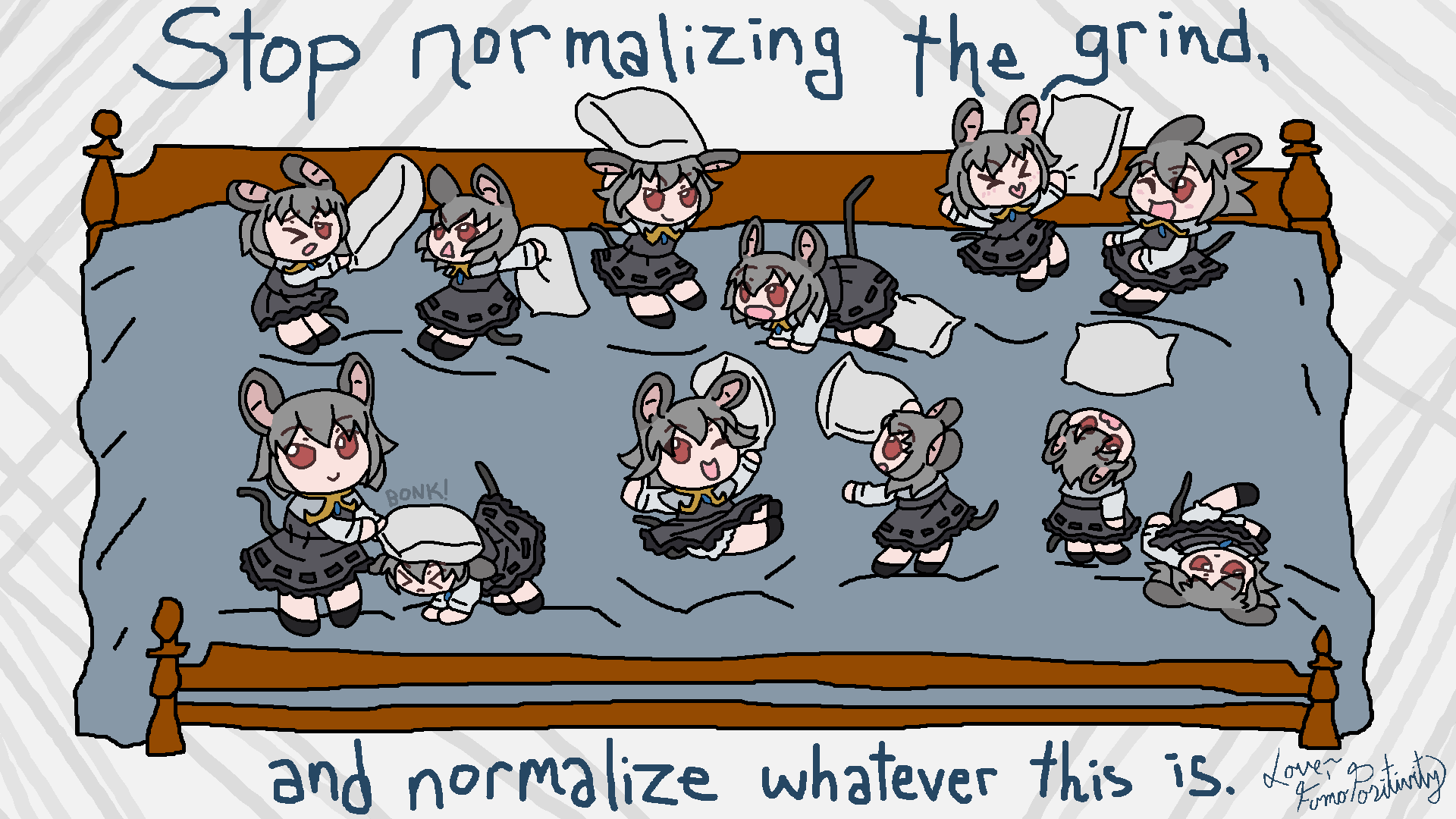 &gt;_&lt; :d animal_ears artist_name black_socks bloomers chibi closed_mouth commentary english_commentary english_text full_body fumopositivity_(jadeitewren) grey_hair grey_skirt grey_vest highres holding holding_pillow long_sleeves mouse_ears mouse_girl mouse_tail nazrin no_shoes on_bed one_eye_closed open_mouth pillow pillow_fight ribbon-trimmed_skirt ribbon_trim skirt smile socks tail touhou underwear vest white_bloomers xd