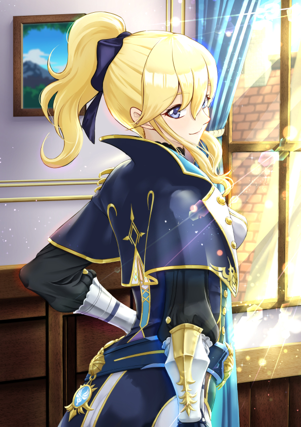 1girl arm_guards blonde_hair blue_eyes capelet chiga_akira genshin_impact hair_between_eyes indoors jean_(genshin_impact) light_rays looking_at_viewer looking_back medal picture_frame ponytail sidelocks smile solo sunbeam sunlight uniform window