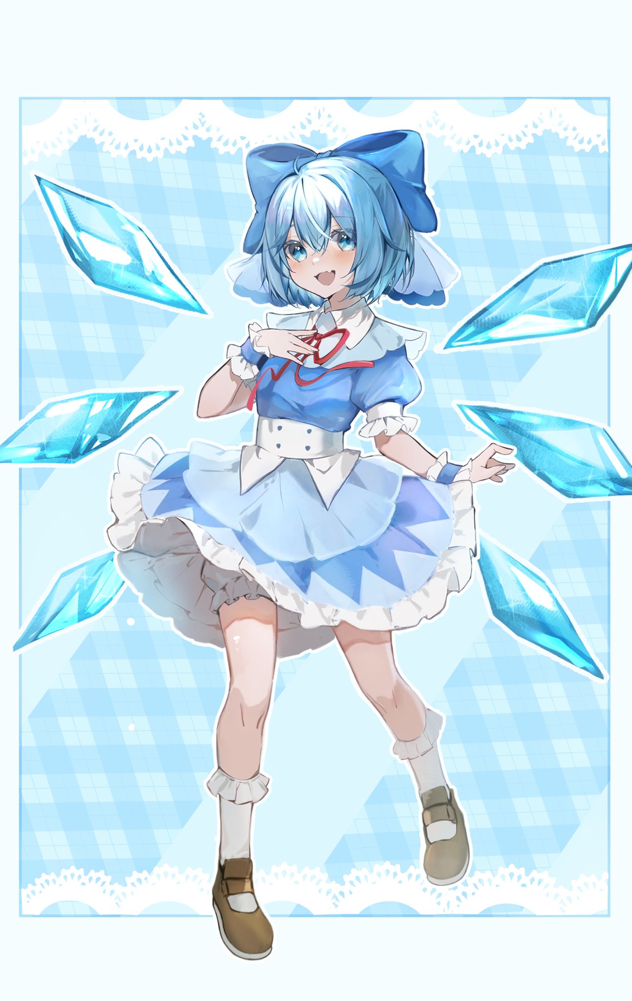1girl bloomers blue_bow blue_dress blue_eyes blue_hair blush bow brown_footwear cirno detached_wings dress fairy frilled_dress frills full_body hair_between_eyes hair_bow highres ice ice_wings murumuru_(pixiv51689952) open_mouth puffy_short_sleeves puffy_sleeves red_ribbon ribbon shoes short_hair short_sleeves smile socks solo touhou underwear white_bloomers white_socks wings