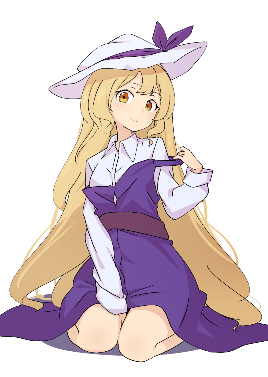 1girl blonde_hair bow closed_mouth dress hat hat_bow highres kanpa_(campagne_9) long_hair long_sleeves looking_at_viewer purple_bow purple_dress seiza shirt simple_background sitting smile solo touhou very_long_hair watatsuki_no_toyohime white_background white_headwear white_shirt yellow_eyes