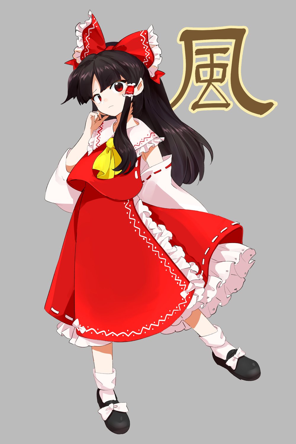 1girl bare_shoulders black_footwear black_hair blush bow chamaruk closed_mouth detached_sleeves full_body grey_background hair_bow hair_tubes hakurei_reimu highres japanese_clothes long_hair mountain_of_faith nontraditional_miko petticoat red_bow red_eyes red_skirt ribbon-trimmed_sleeves ribbon_trim shoes sidelocks simple_background skirt socks solo touhou white_sleeves white_socks wide_sleeves