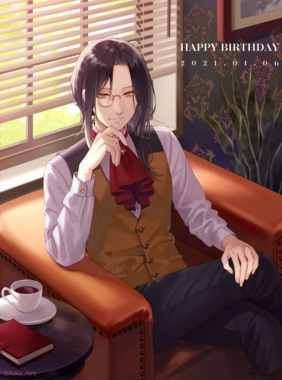1boy armchair ascot black_hair black_pants blinds book brooch brown_vest chair closed_mouth coffee crossed_legs cuff_links cup day feet_out_of_frame fukahire_(ruinon) hand_on_own_chin hand_on_own_knee highres indoors jewelry long_sleeves looking_at_viewer low_ponytail male_focus medium_hair monocle nijisanji pants parted_bangs picture_(object) plant red_ascot saucer shellin_burgundy shirt sitting smile solo table vest virtual_youtuber wallpaper_(object) white_shirt window yellow_eyes