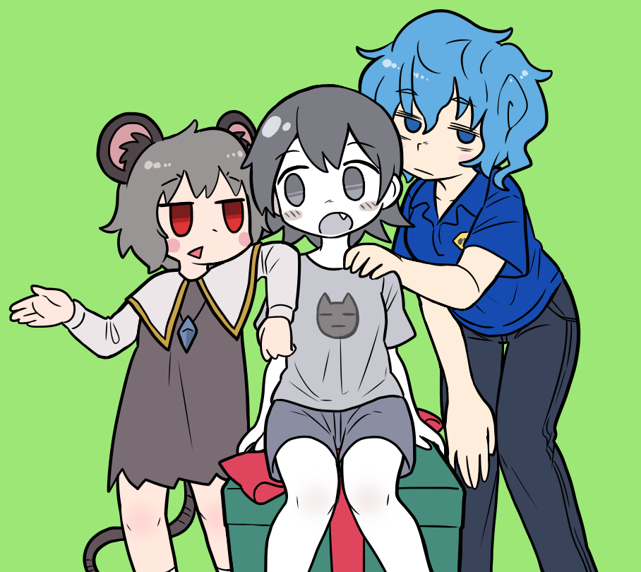 3girls animal_ear_fluff animal_ears arm_on_shoulder bags_under_eyes black_pants blue_eyes blue_hair blue_shirt blush box breasts bseibutsu capelet closed_mouth collared_shirt colored_skin commentary_request cookie_(touhou) crystal dress employee_uniform fang feet_out_of_frame flat_chest gift gift_box green_background grey_dress grey_hair grey_shirt grey_shorts grey_skin hair_between_eyes hand_on_another's_shoulder jewelry kawashiro_nitori kofji_(cookie) leaning_forward long_sleeves looking_at_another looking_at_viewer looking_to_the_side medium_bangs medium_breasts mouse_ears mouse_girl mouse_tail multiple_girls multiple_persona nazrin open_mouth pants pendant red_eyes shirt short_hair short_sleeves shorts simple_background sitting standing tail touhou triangle_mouth uniform white_capelet