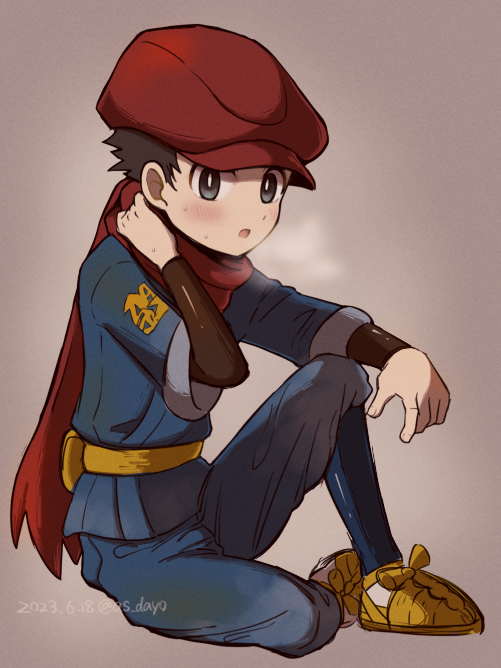 1boy :o asu_(as_dayo) blush breath bright_pupils brown_hair commentary_request dated full_body grey_eyes hand_up hat highres jacket logo male_focus open_mouth pants pokemon pokemon_(game) pokemon_legends:_arceus red_headwear red_scarf rei_(pokemon) scarf shirt shoes short_hair sitting sweat white_pupils